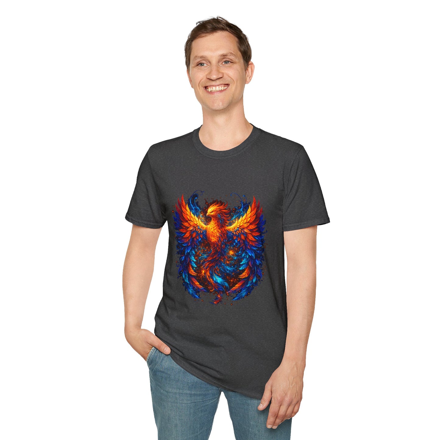 Men's dark heather graphic T-shirt with colorful flame eagle-phoenix front design