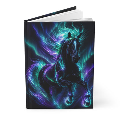 Aurora Stallion Hardcover Journal — Neon Blue & Purple Mystic Horse Notebook