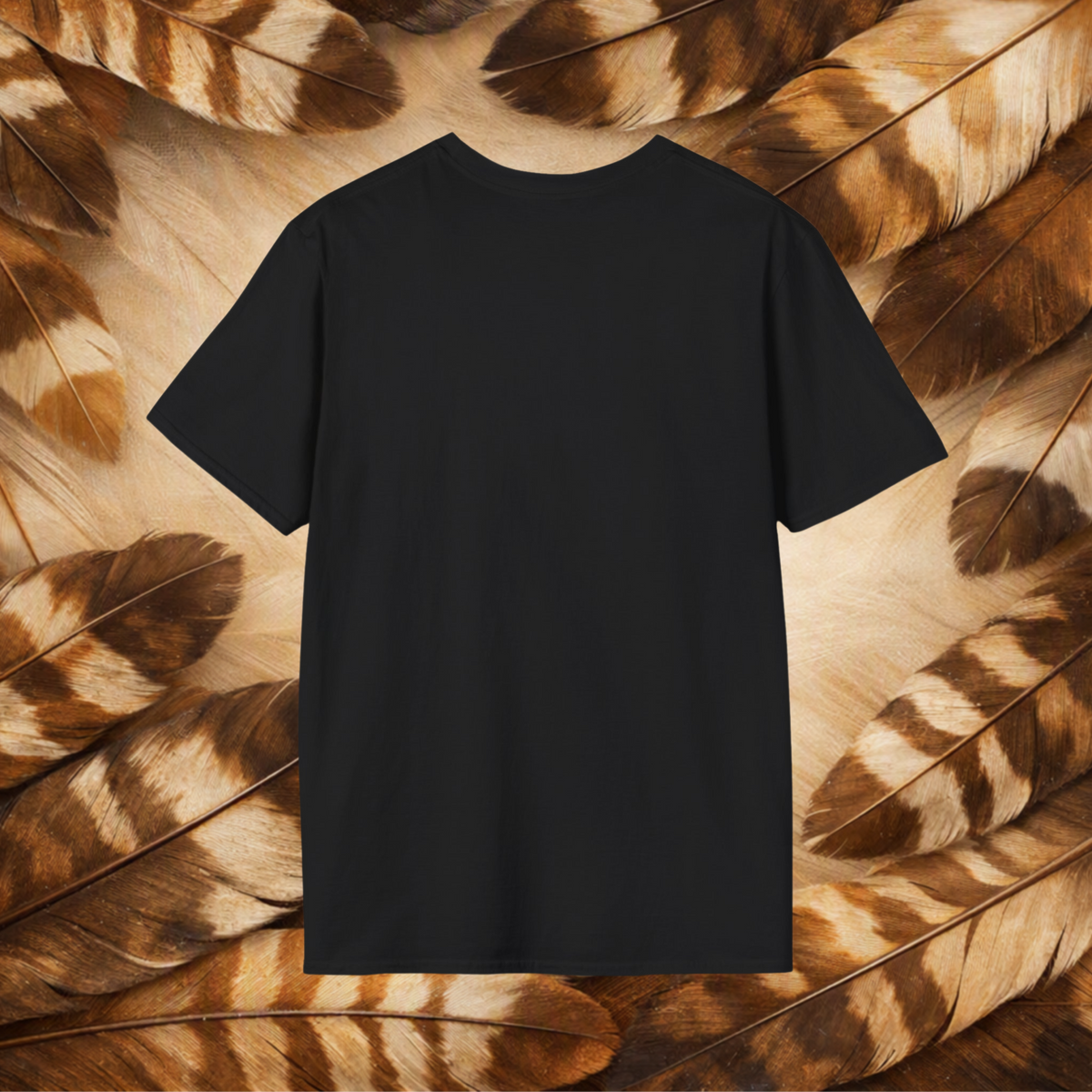 A plain black short-sleeve crewneck T-shirt centered against a background of brown and beige feathers.