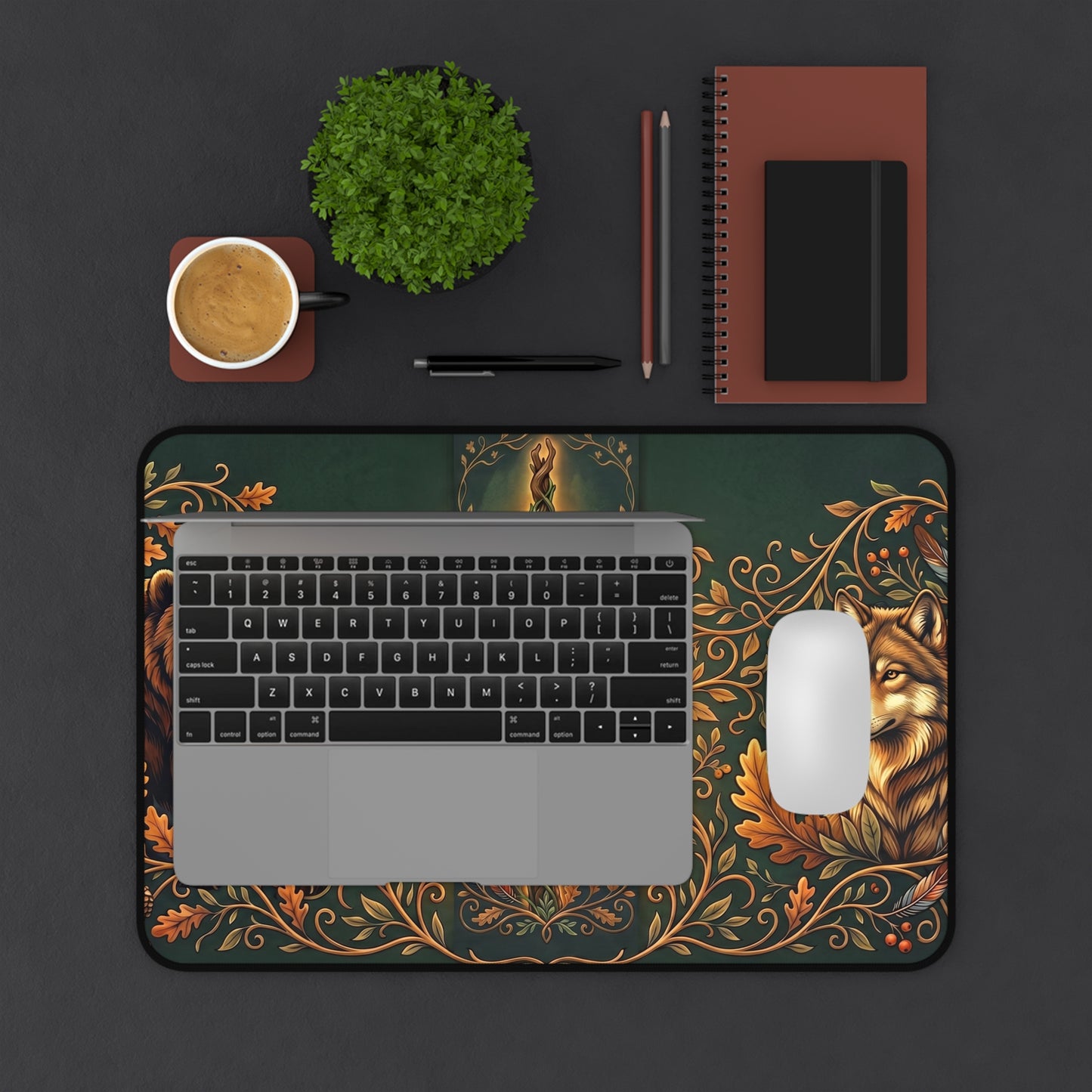 Rounded green desk mat with bear and wolf motifs and ornate floral border
