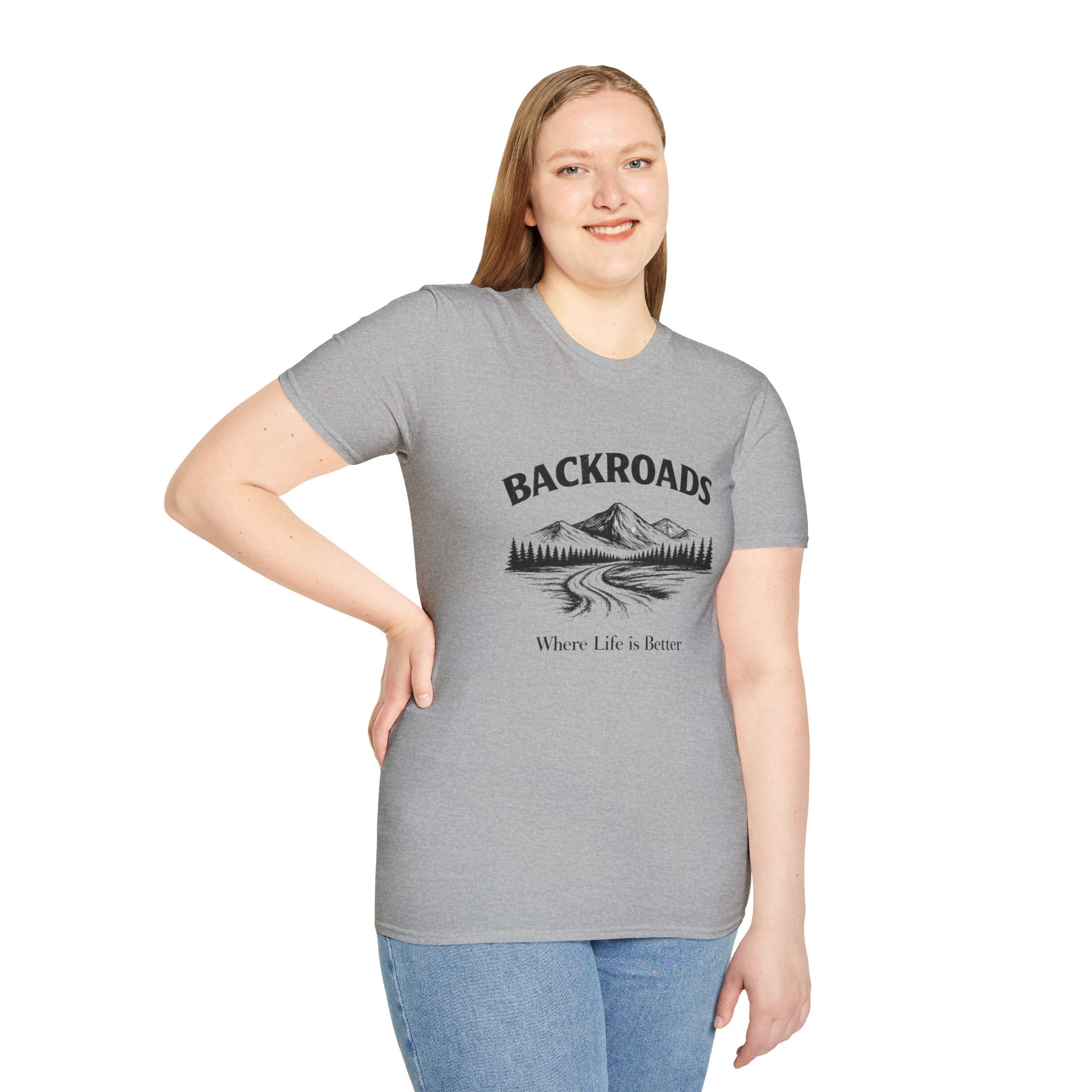 Women's sport grey graphic T-shirt, crew neck short sleeves with front landscape print