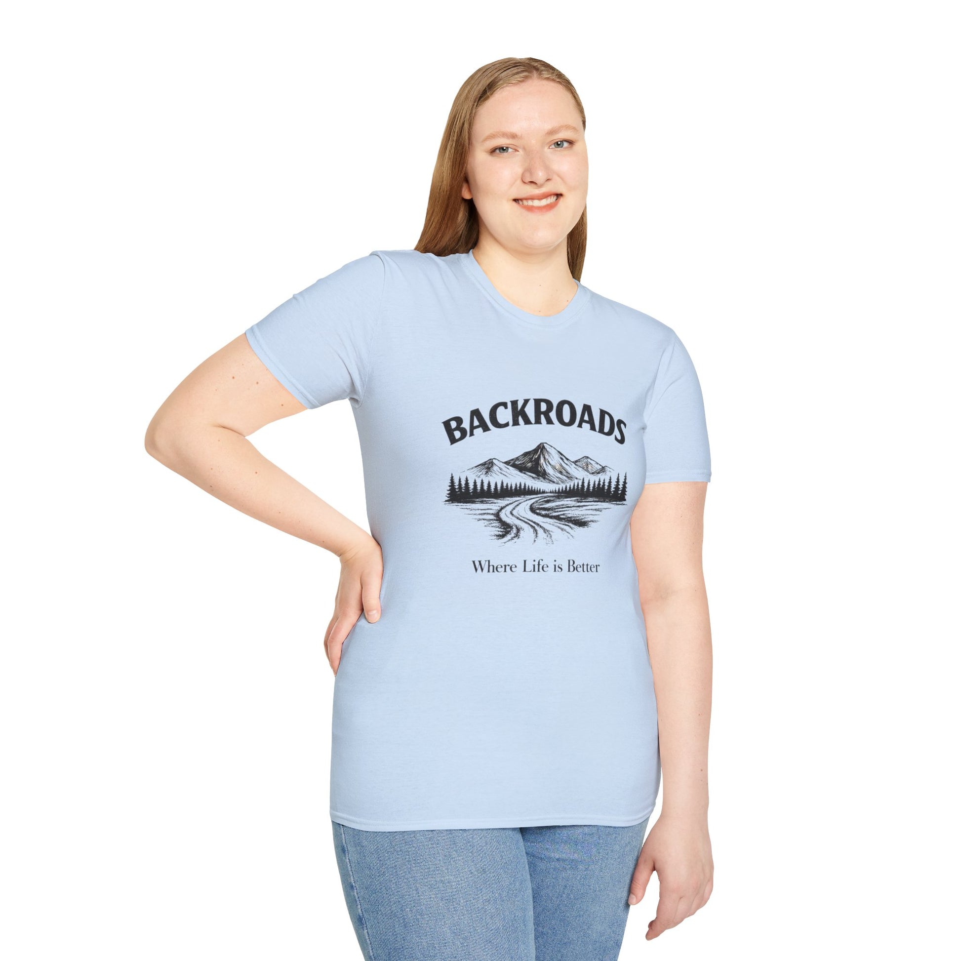 BackRoads women's rural lifestyle tee in light blue with front landscape logo