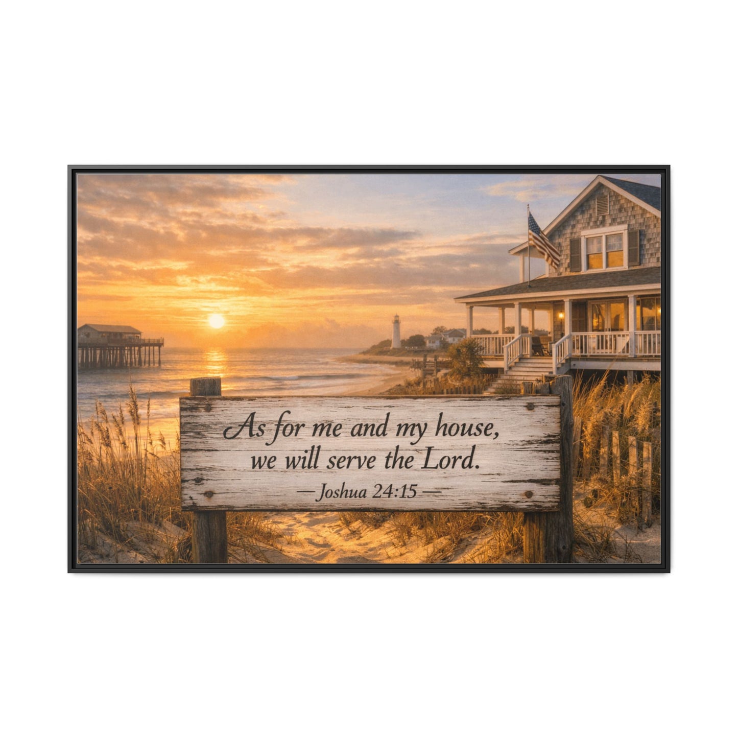 Framed coastal scripture canvas with house and wooden verse sign, black frame