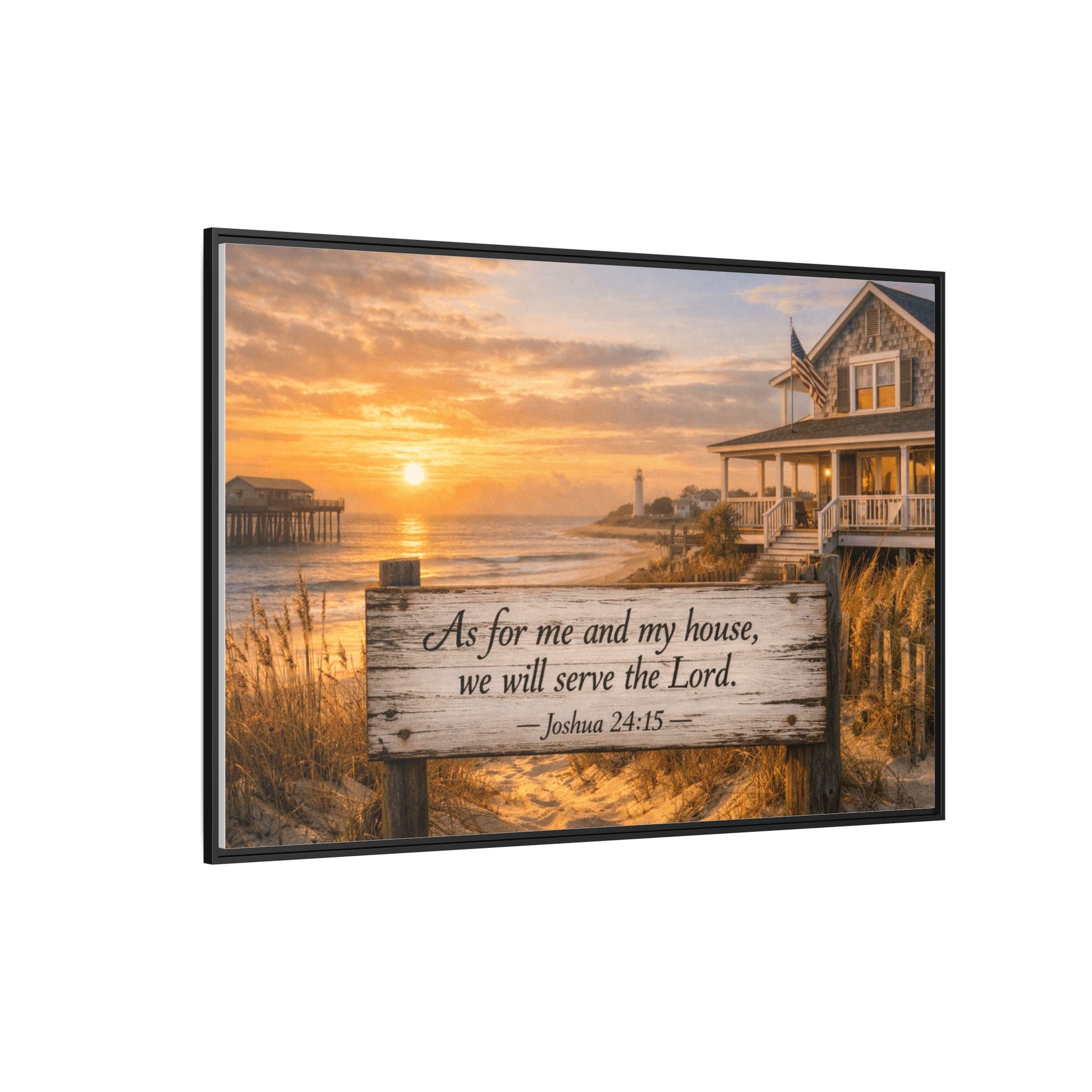 Framed coastal scripture canvas showing ocean sunrise, beach house, and scripture plank.