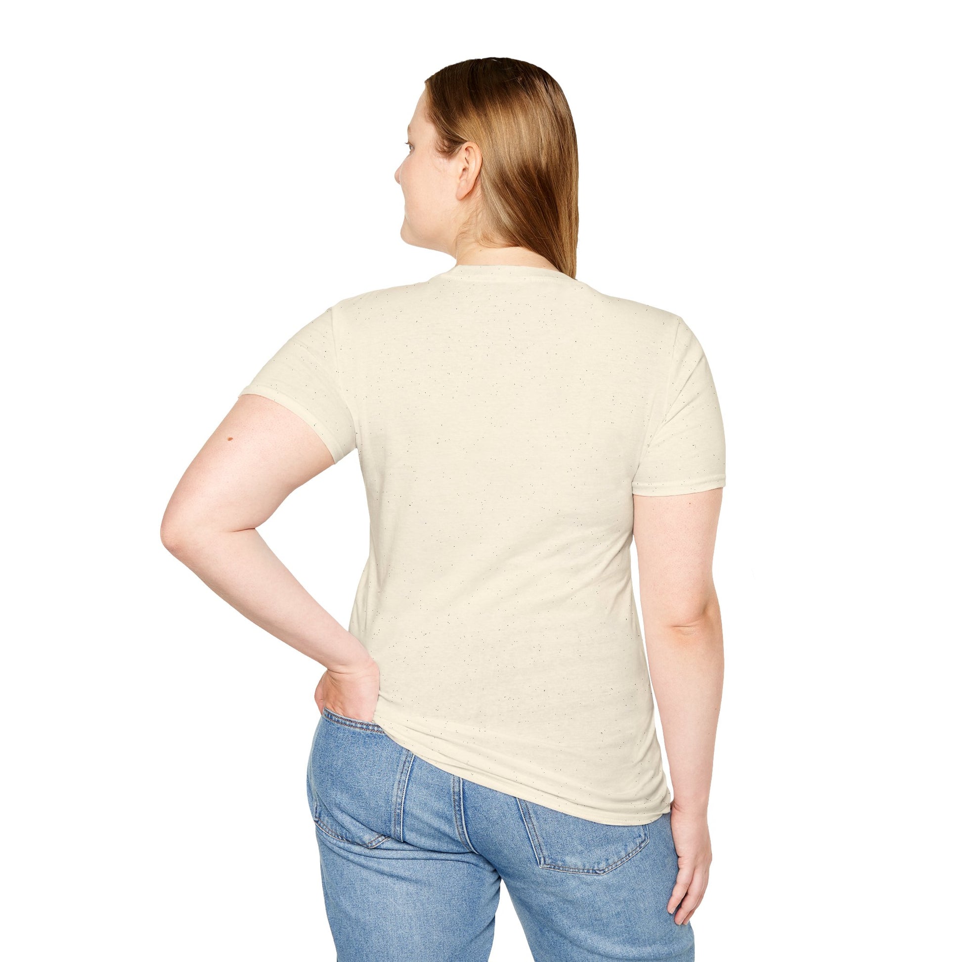 Women's natural T-shirt, crew neck short sleeves, back view with plain fabric
