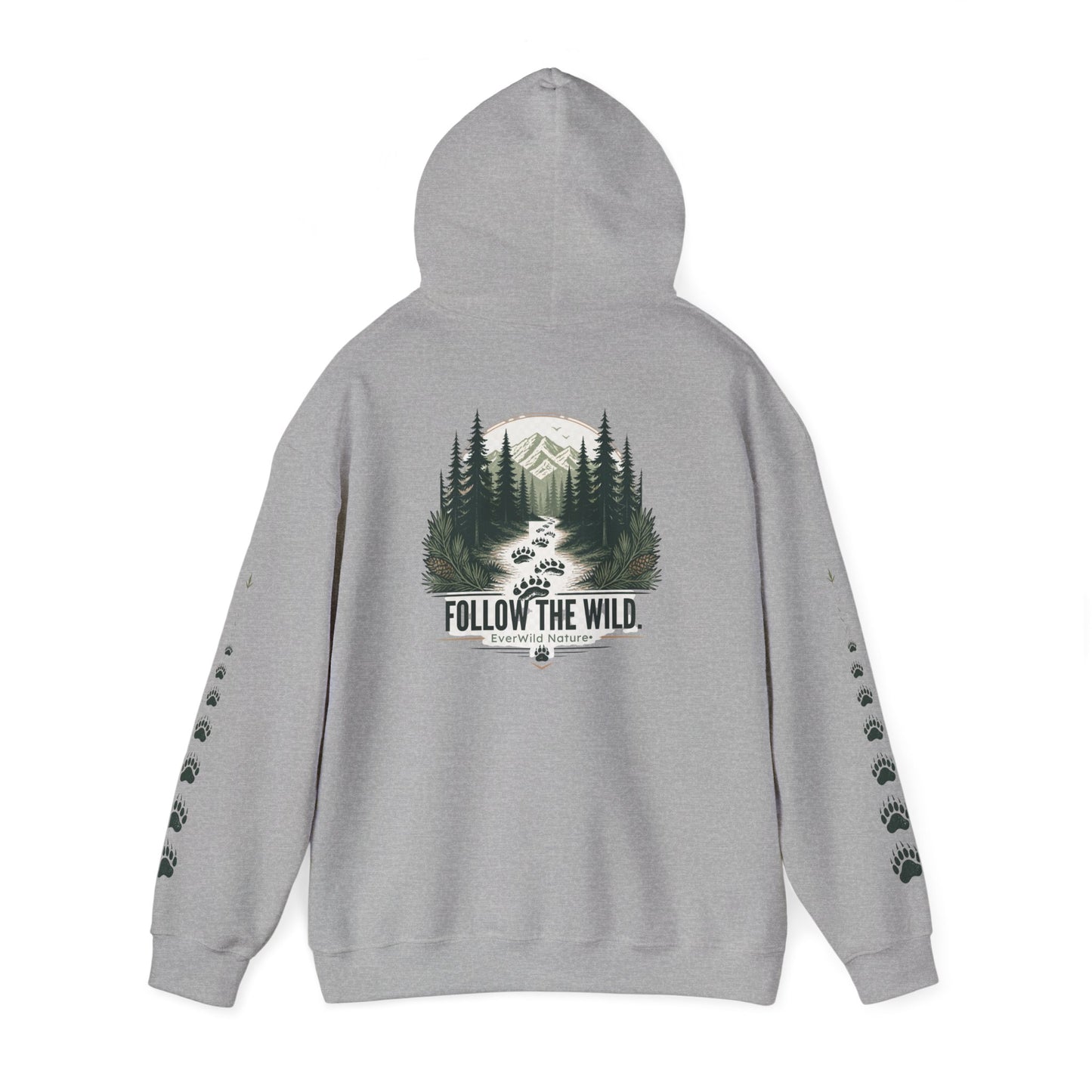 Light gray pullover hoodie with back tree graphic "FOLLOW THE WILD" and paw-sleeve prints