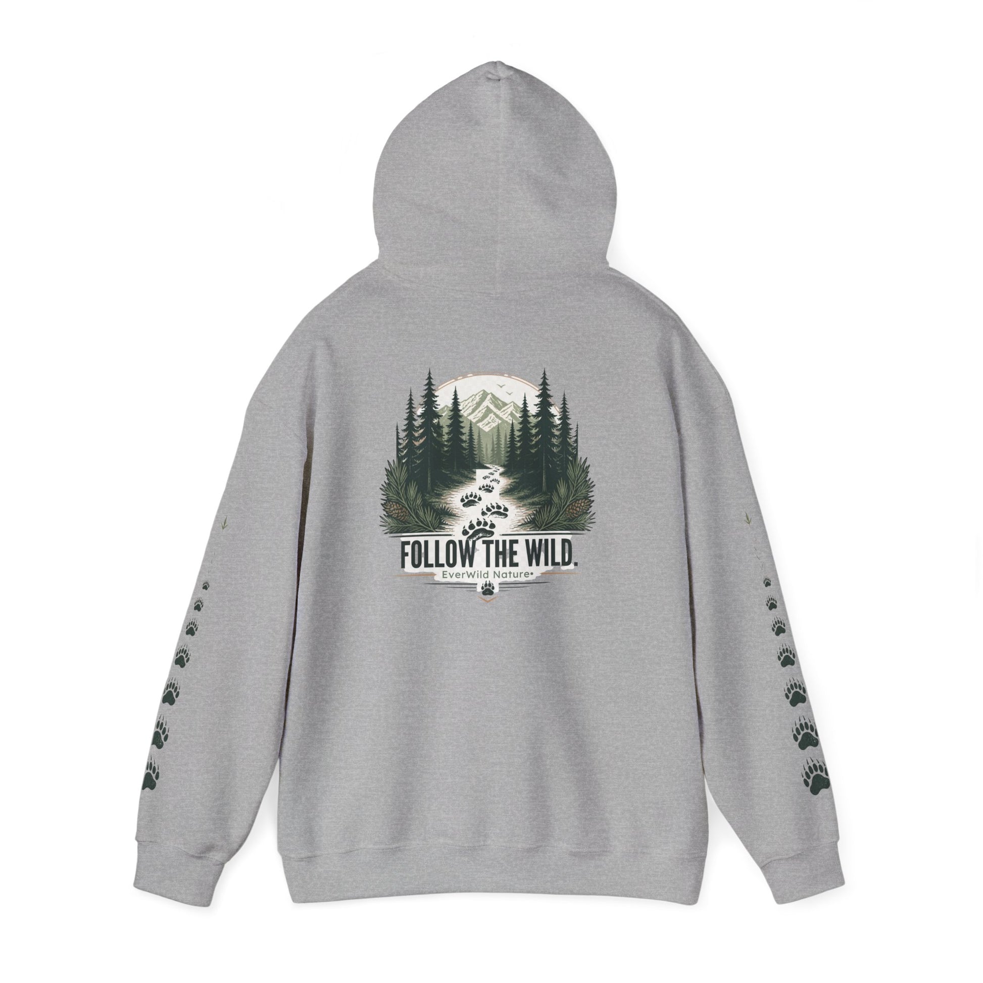Light gray pullover hoodie with back tree graphic "FOLLOW THE WILD" and paw-sleeve prints