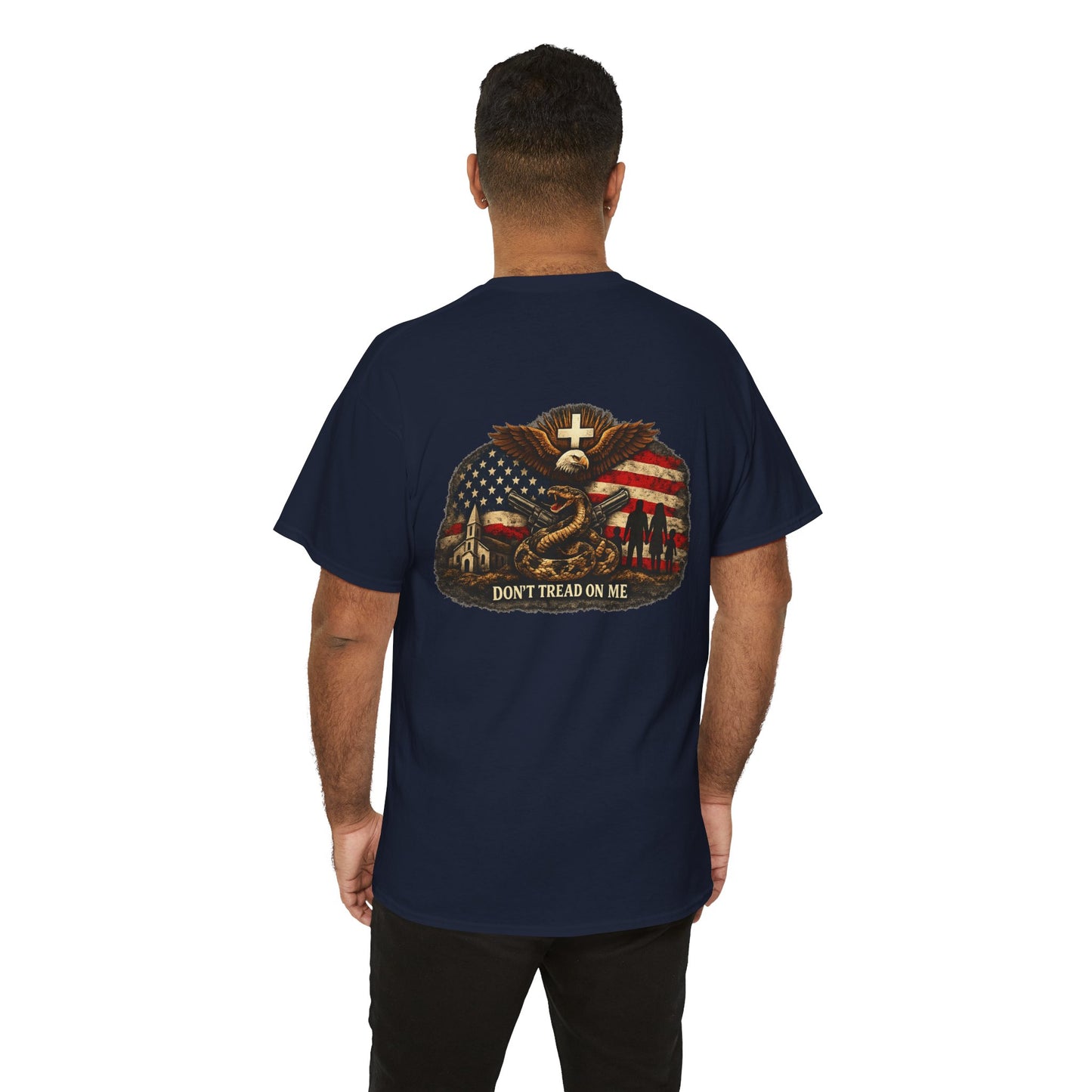 Navy T-shirt with back eagle-and-American-flag graphic and text "DON'T TREAD ON ME"