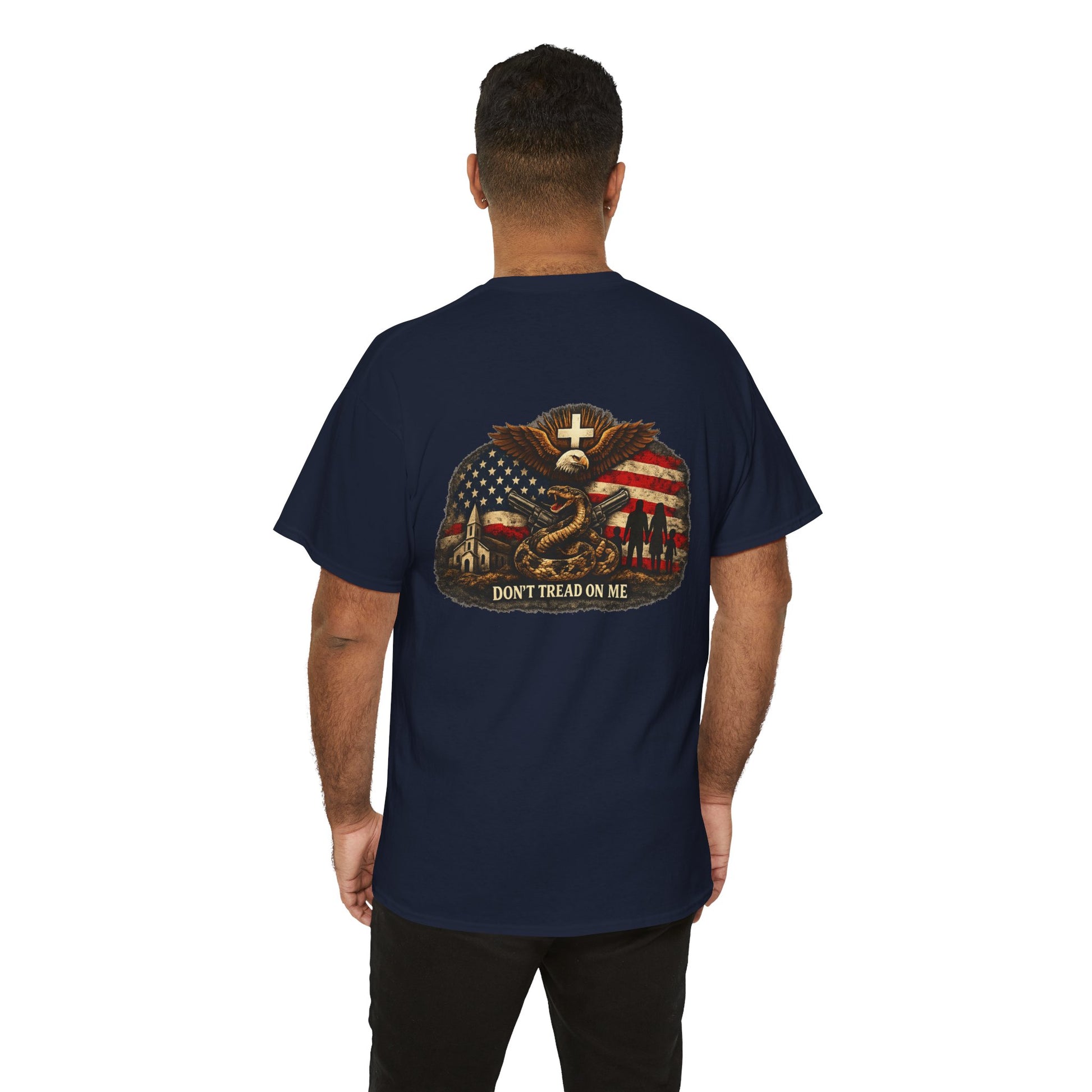 Navy T-shirt with back eagle-and-American-flag graphic and text "DON'T TREAD ON ME"