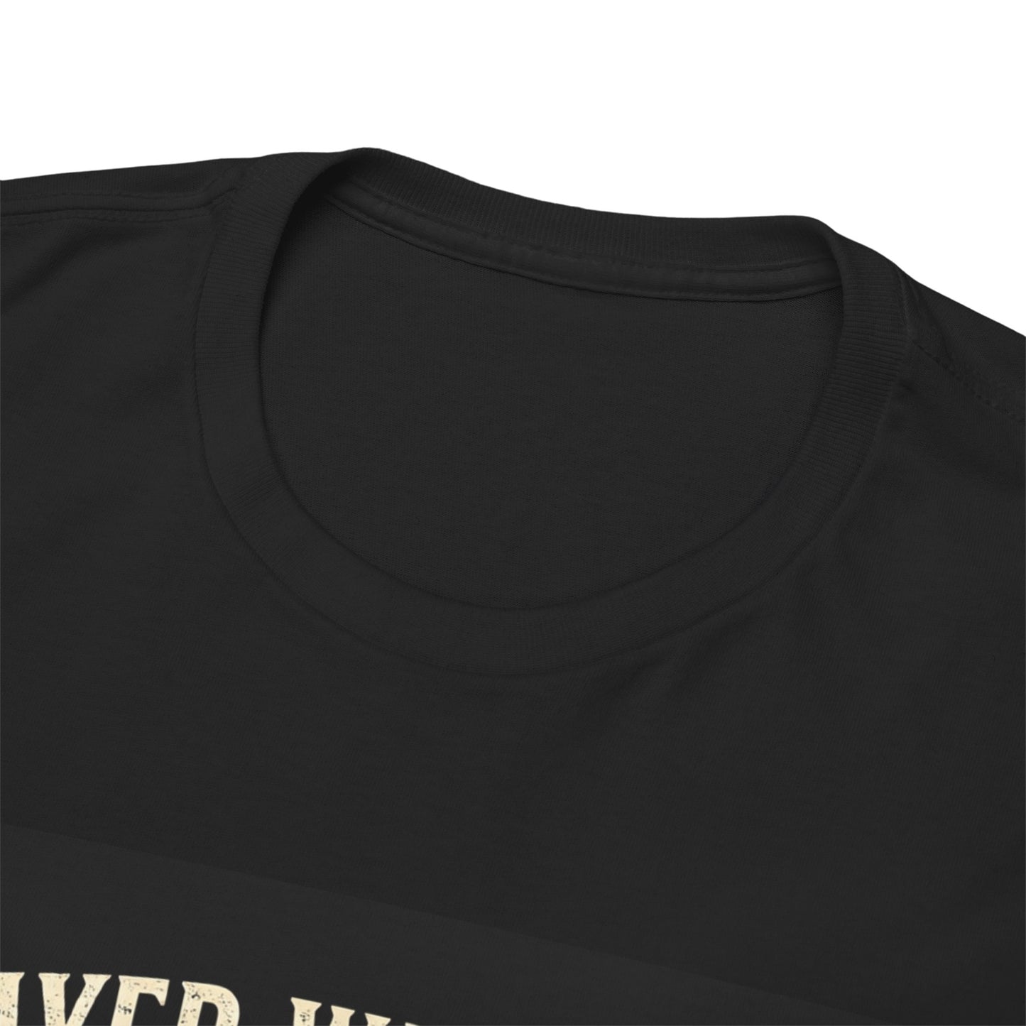 Black crew-neck T-shirt neckline close-up, smooth short-sleeve knit