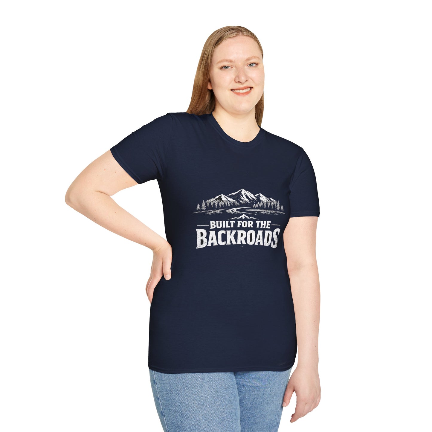 Navy crew-neck T-shirt with white mountain graphic and "BUILT FOR THE BACKROADS"
