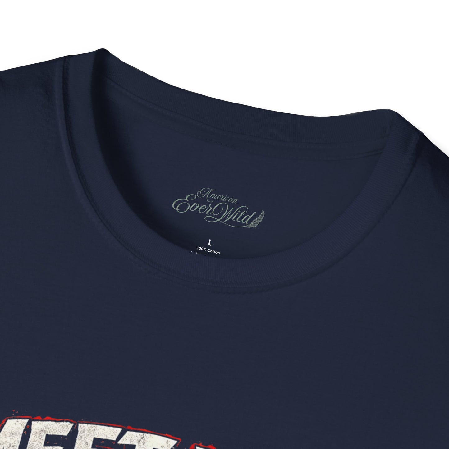 Navy crew-neck T-shirt with neckline label detail.