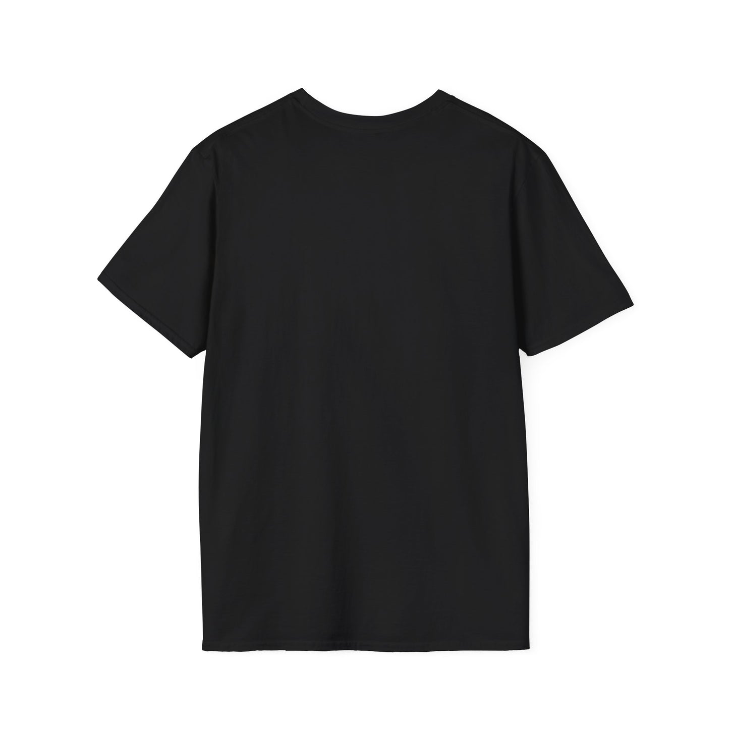 Black crew-neck T-shirt, short sleeves, plain front.