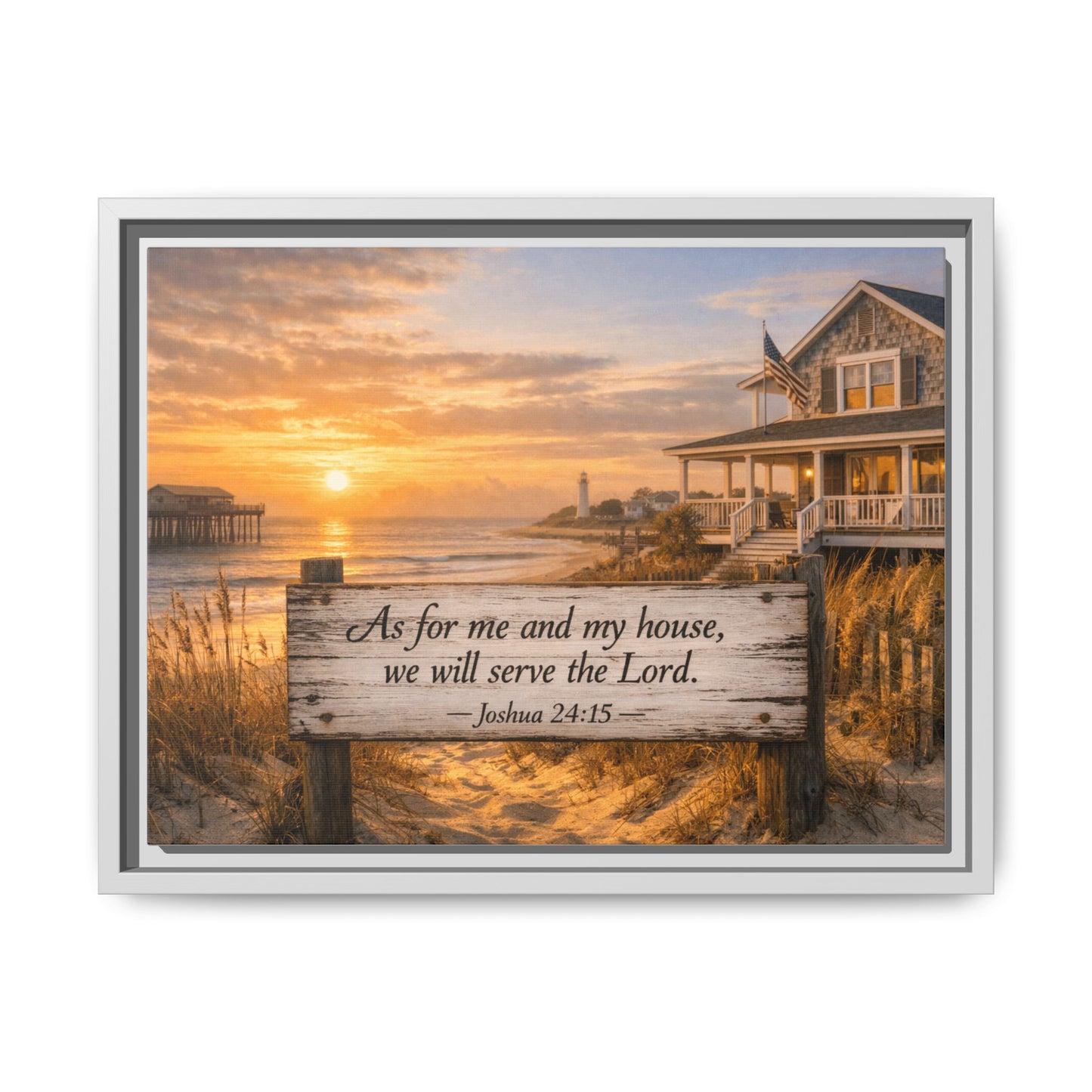 Framed coastal scripture canvas with beach sunrise scene and wooden message plank.