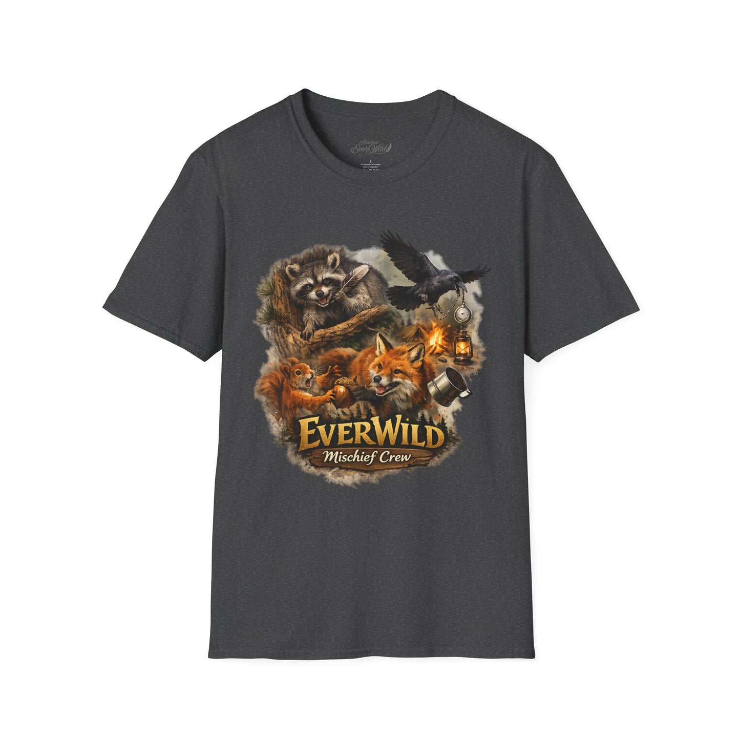 Men's dark heather crew-neck T-shirt with EverWild animal scene graphic