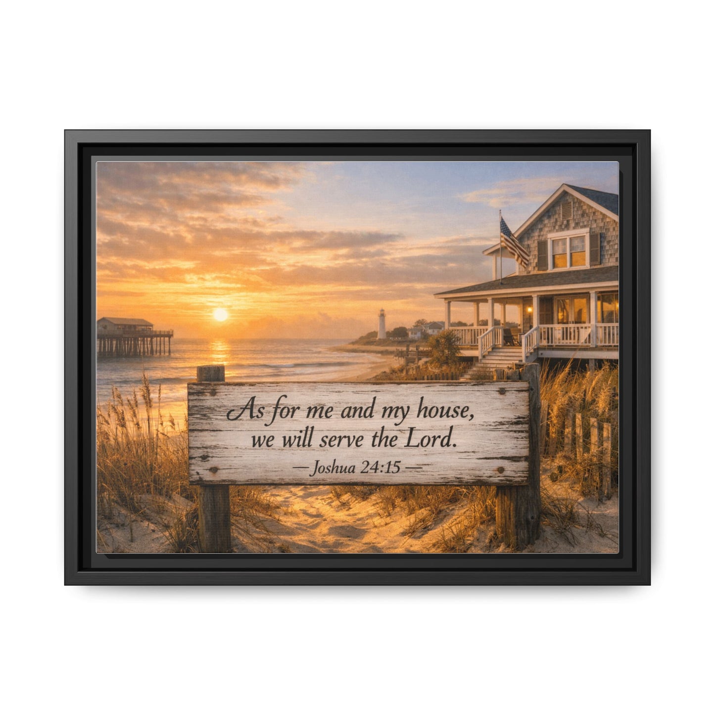 Framed coastal scripture canvas with sunrise ocean scene and inscription on wooden plank.