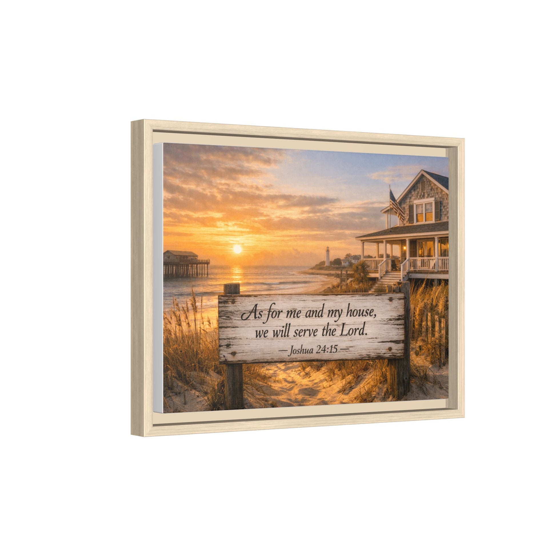 Framed canvas wall art with light wood frame; coastal sunrise and scripture on wooden sign