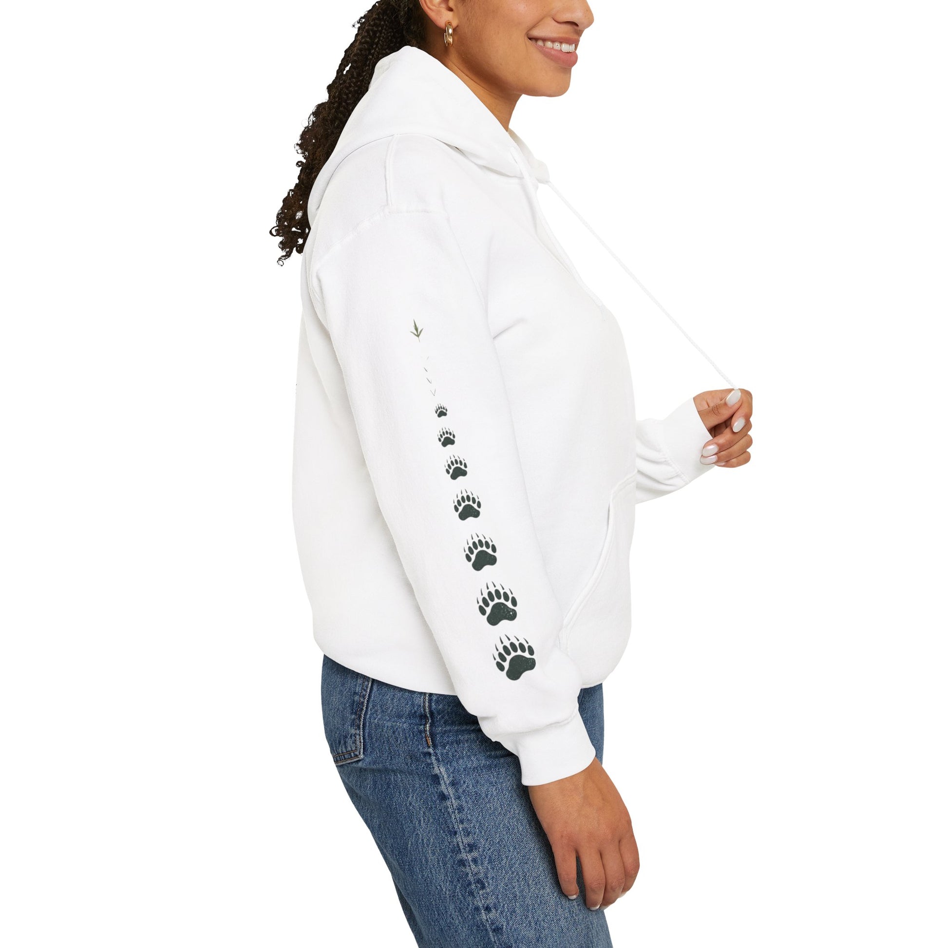White pullover hoodie with paw-print sleeve graphic and front kangaroo pocket