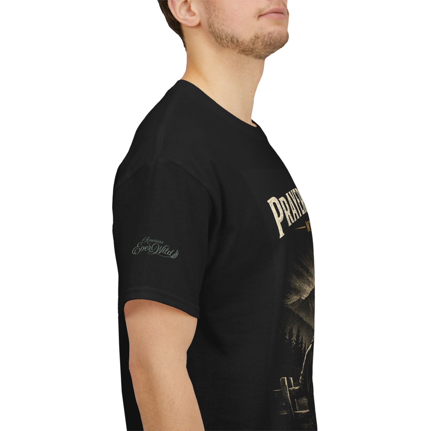 Black Christian graphic T-shirt side view with sleeve logo and partial prayer text