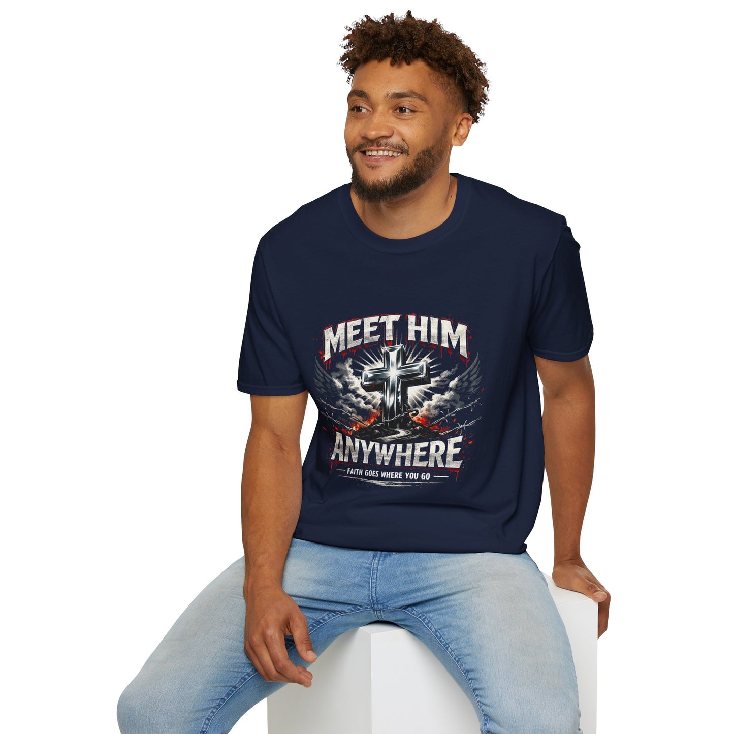 Navy crew-neck T-shirt with 'Meet Him Anywhere' cross chest print.