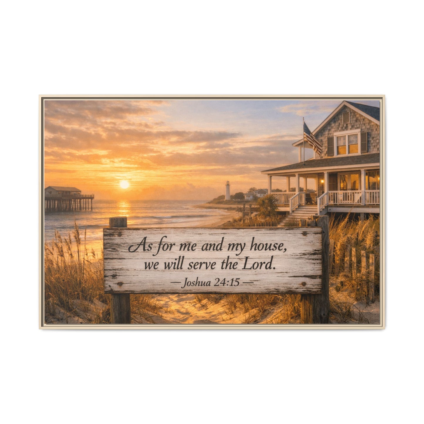 Framed coastal scripture canvas with house and wooden verse sign, light gold frame