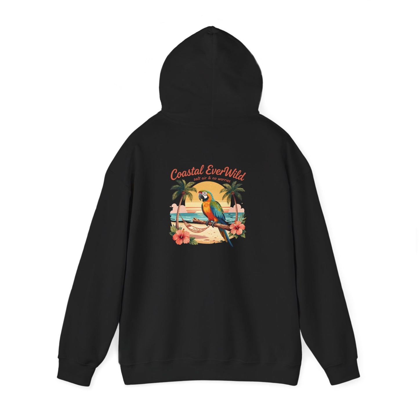 Black pullover hoodie with hood and bird coastal back graphic