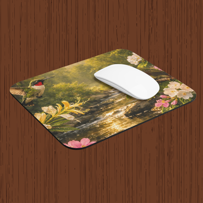 A rectangular computer mouse pad with a colorful nature print featuring a hummingbird, flowers, and a stream, shown on a brown wood-grain background with a white computer mouse resting on top.