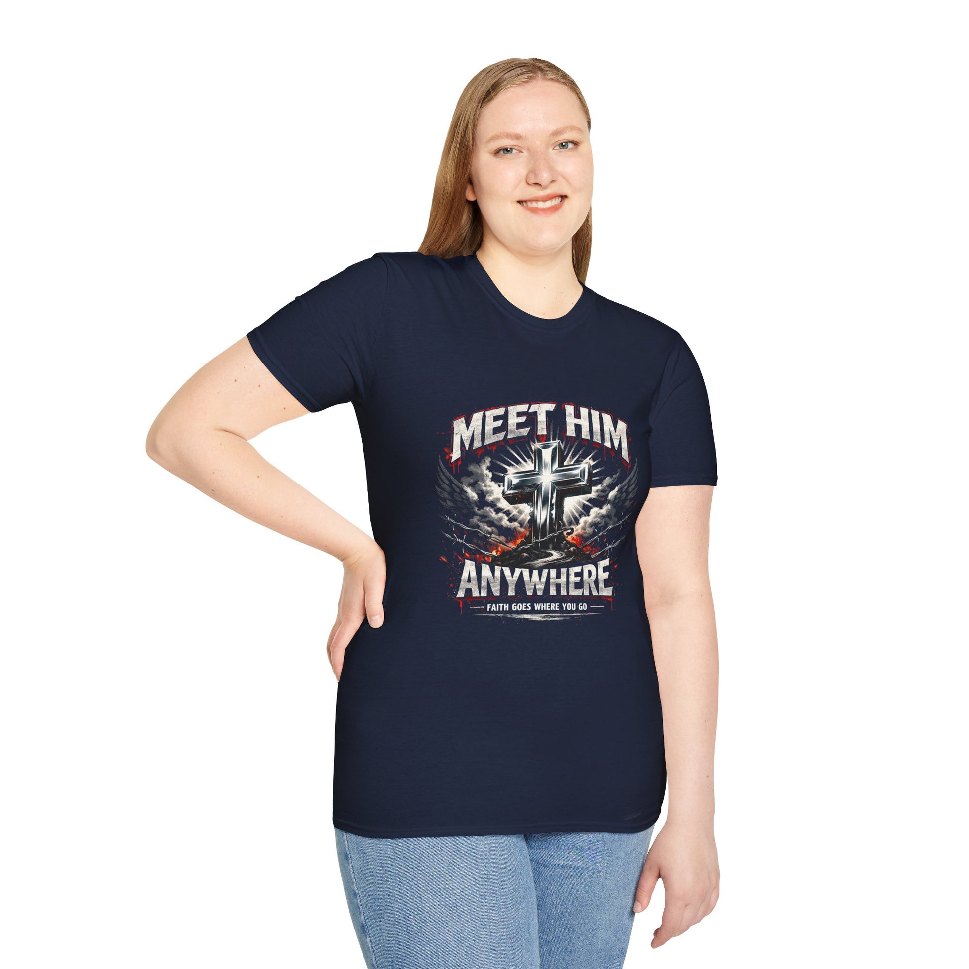 Navy T-shirt with 'Meet Him Anywhere' cross graphic on front