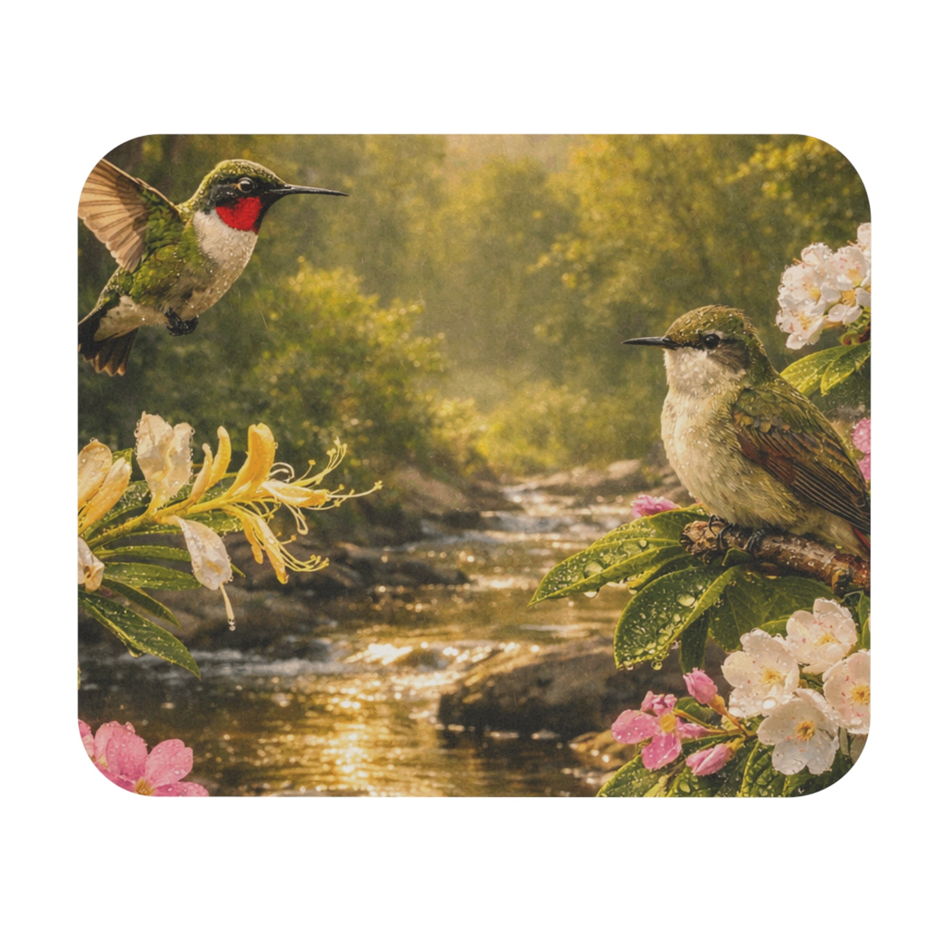Rectangular mouse pad with hummingbirds, river water, and blossoms in a nature scene