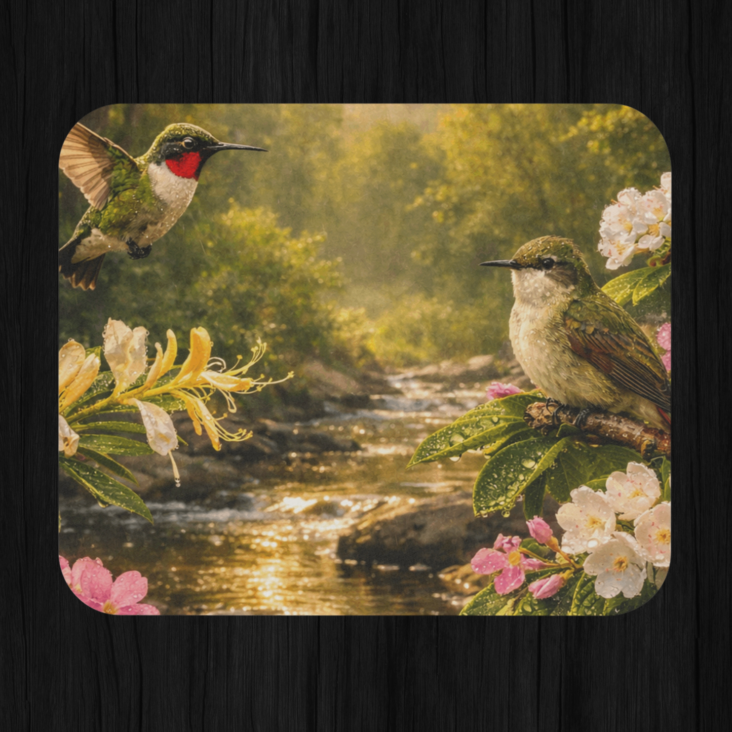 A rectangle mouse pad with rounded corners featuring a detailed nature illustration of two hummingbirds, flowers, and a stream, displayed on a dark wood background.