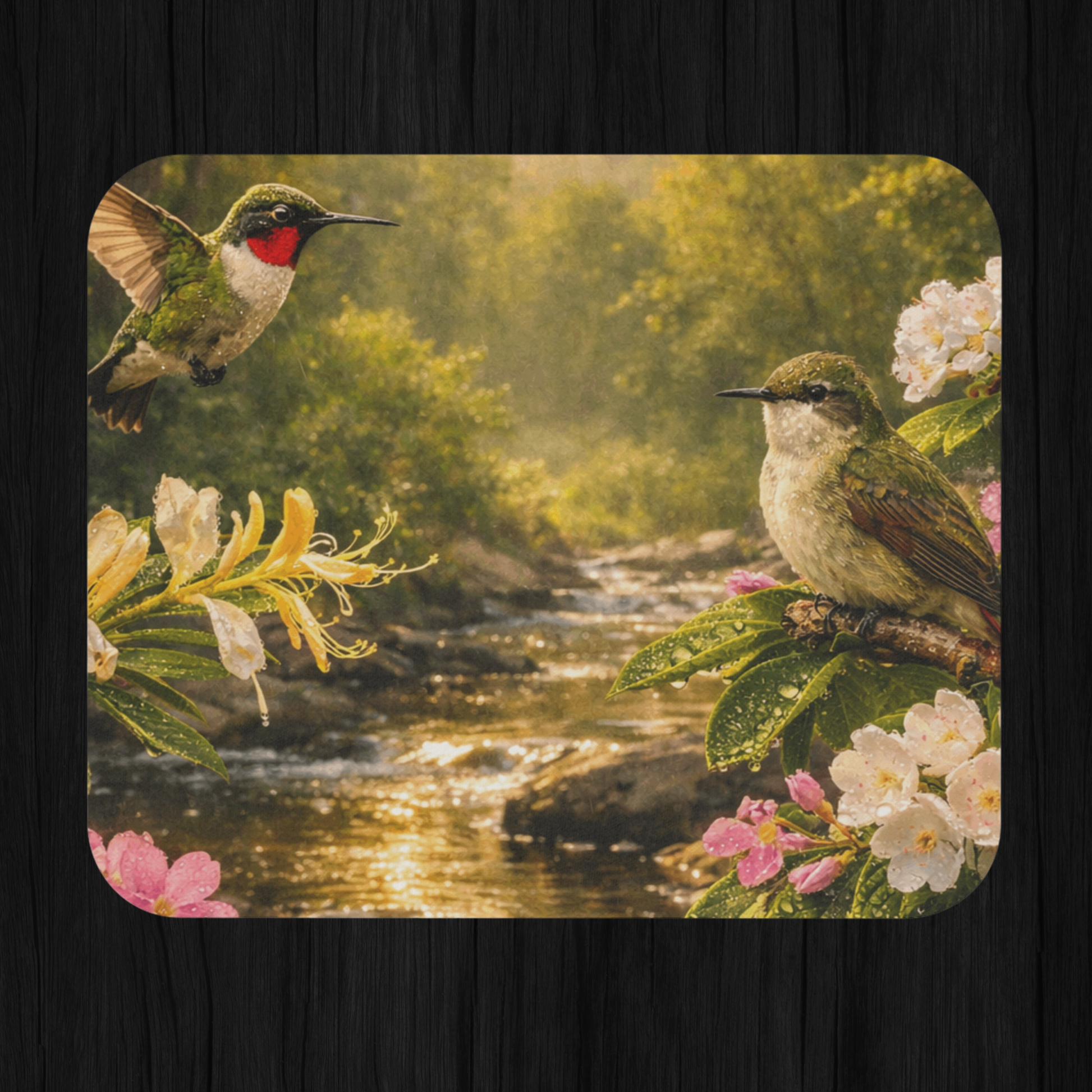 A rectangle mouse pad with rounded corners featuring a detailed nature illustration of two hummingbirds, flowers, and a stream, displayed on a dark wood background.