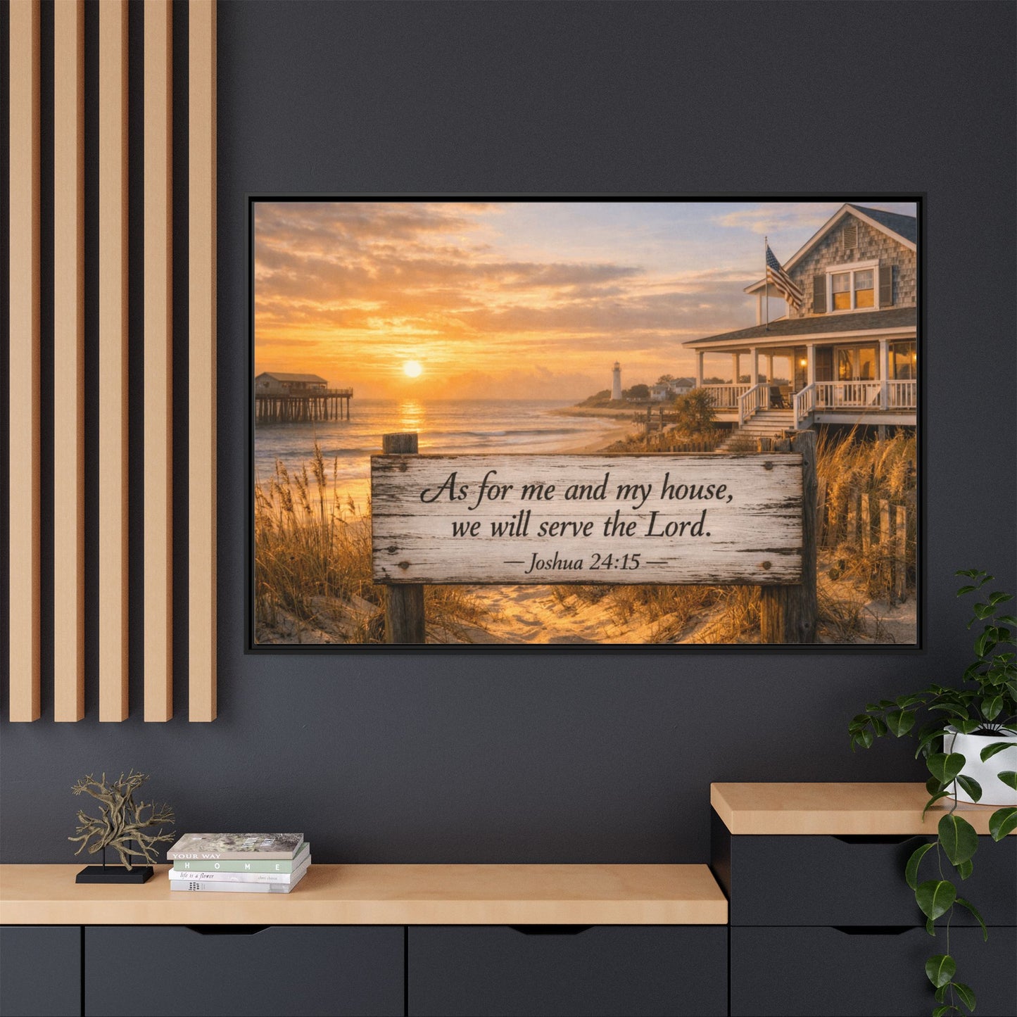 Framed coastal scripture canvas with sunrise ocean, beach house, and scripture plank.