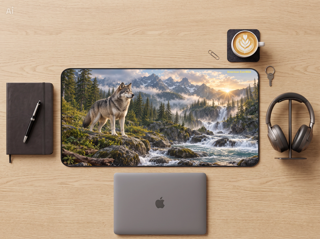 Wolf Wilderness Desk Mat | Mountain River Mouse Pad