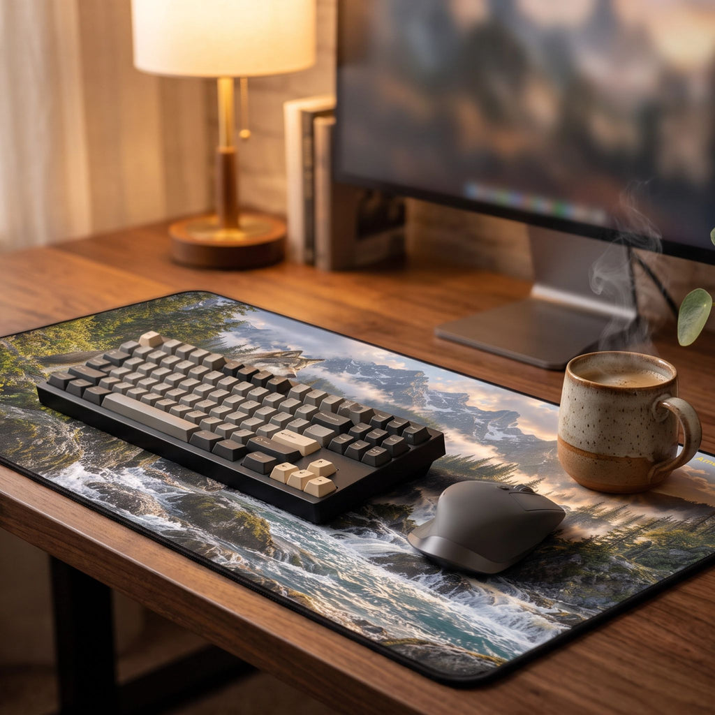 Wolf Wilderness Desk Mat | Mountain River Mouse Pad