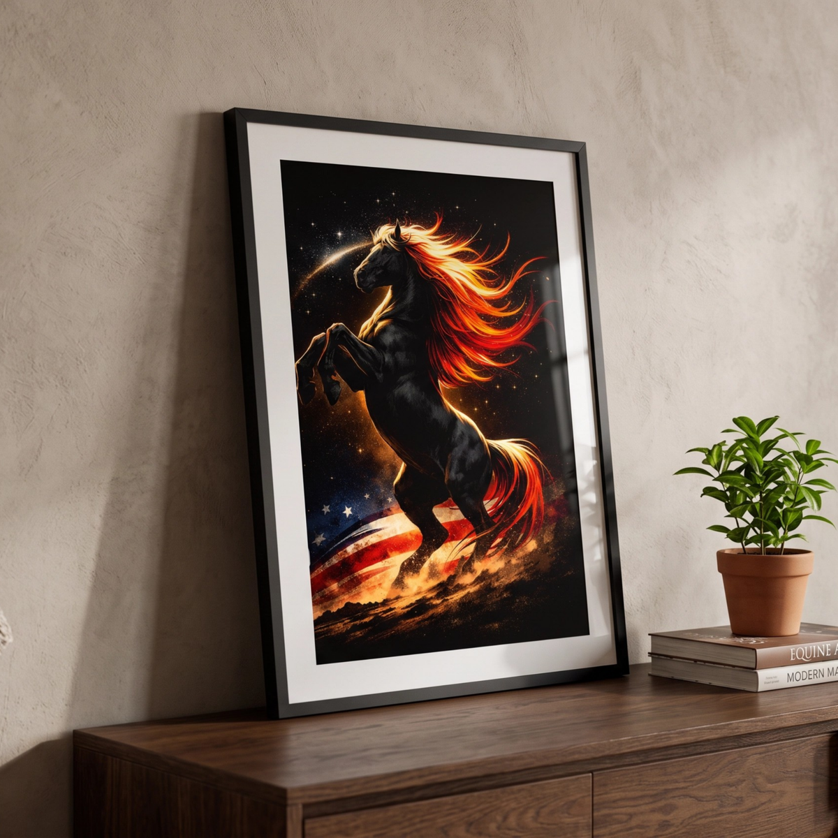 Patriotic Fiery Stallion — American Flag Satin Poster