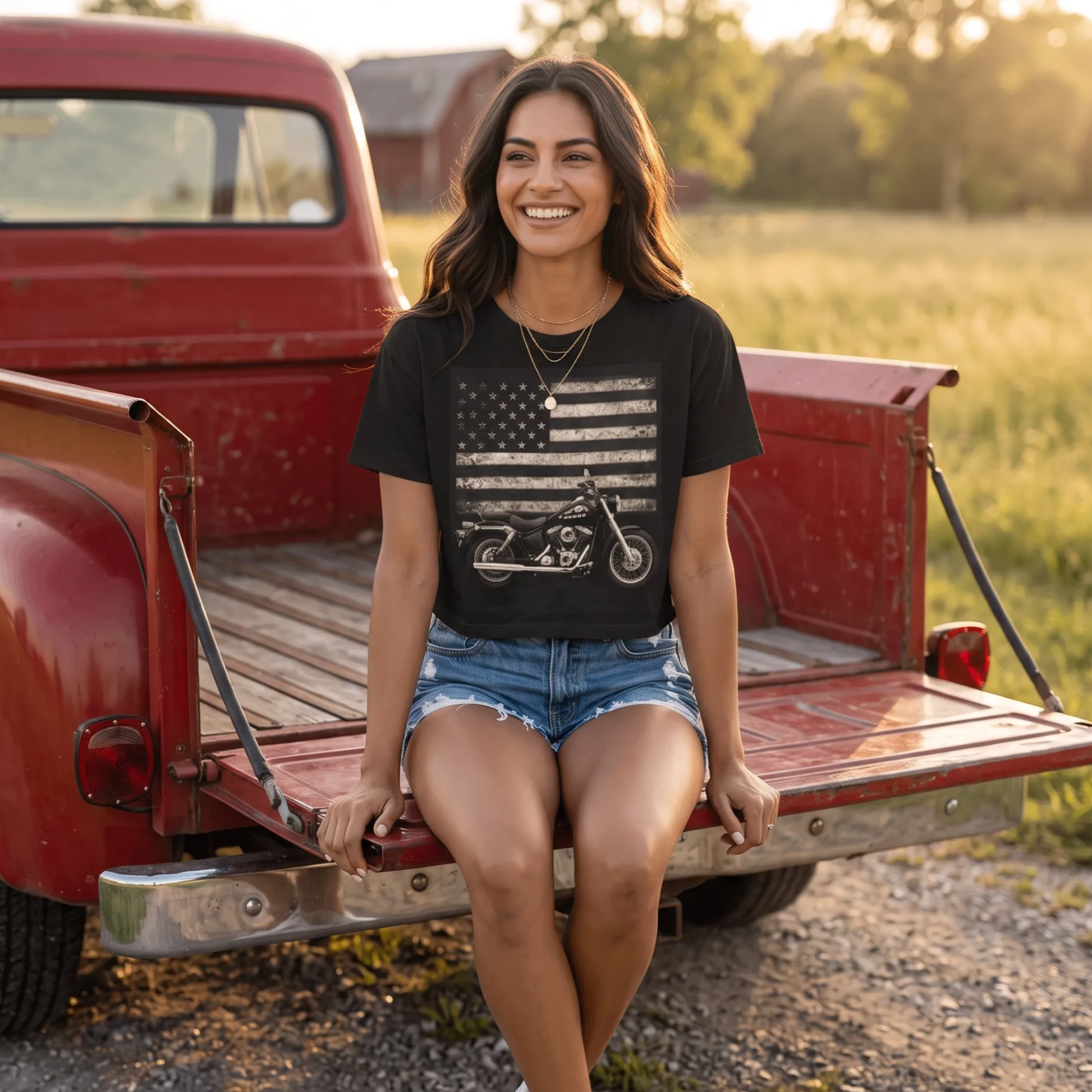 Black vintage graphic tee with American flag stars and stripes over a motorcycle print