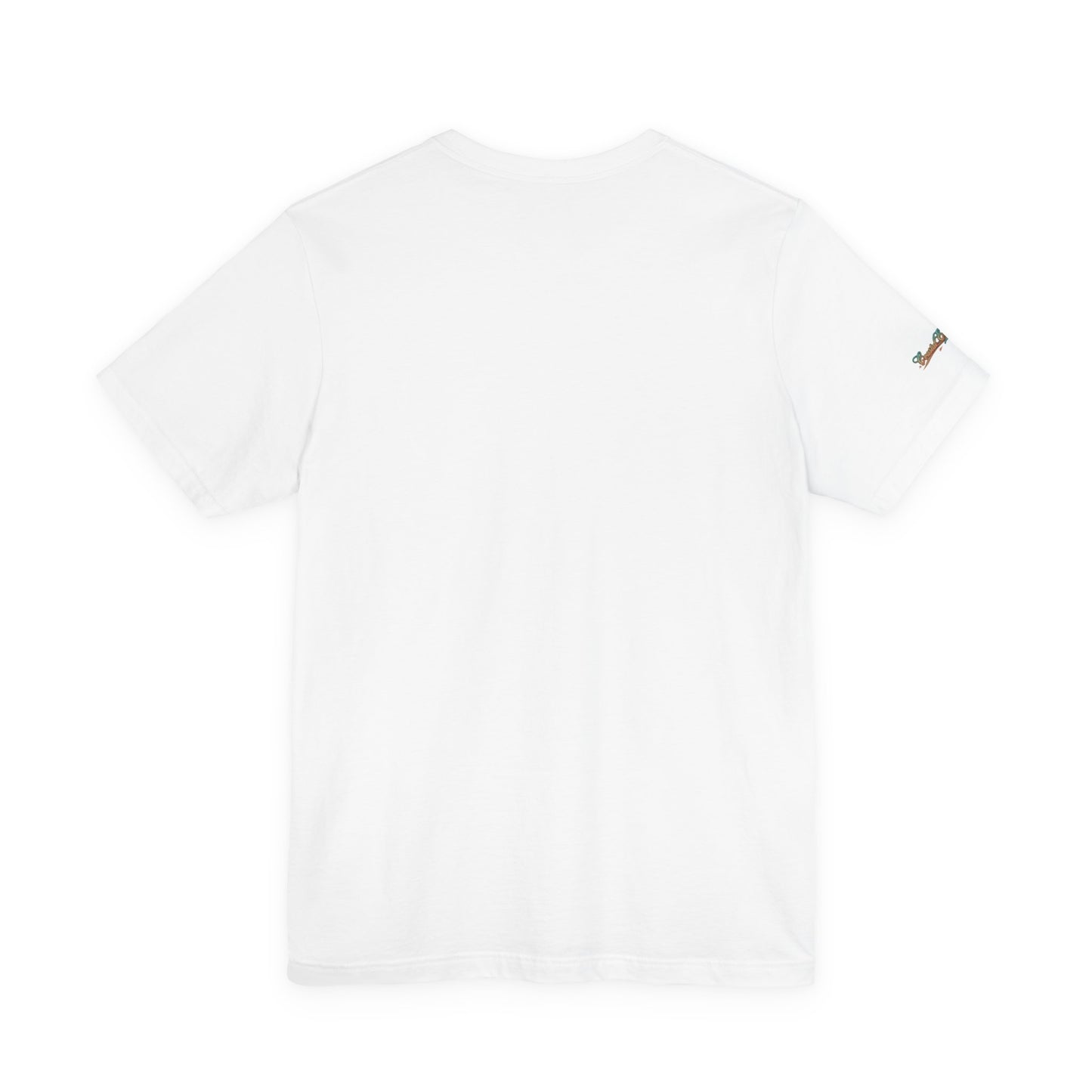White crew-neck t-shirt with small chest logo on sleeve, no front graphic