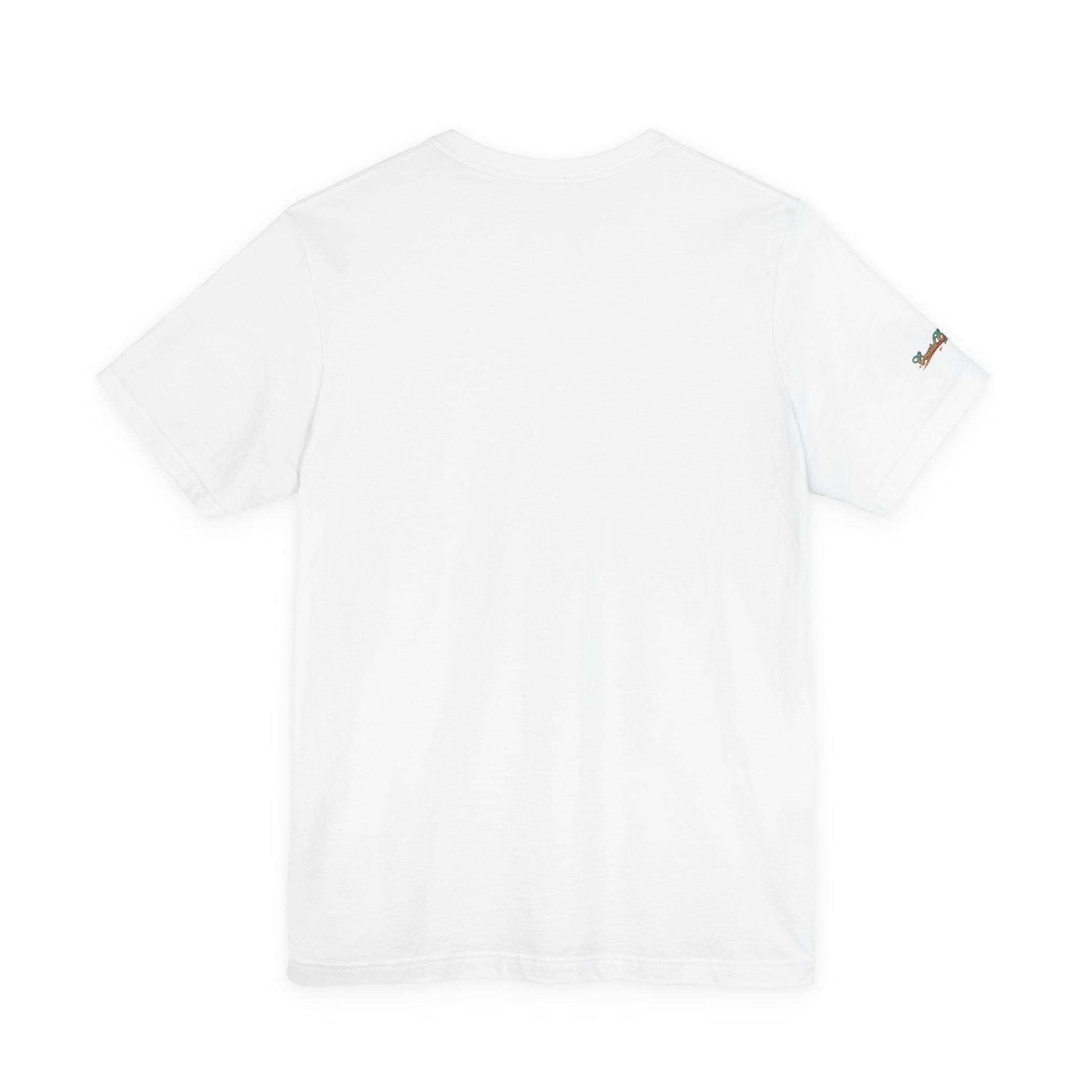 White crew-neck t-shirt with small chest logo on sleeve, no front graphic