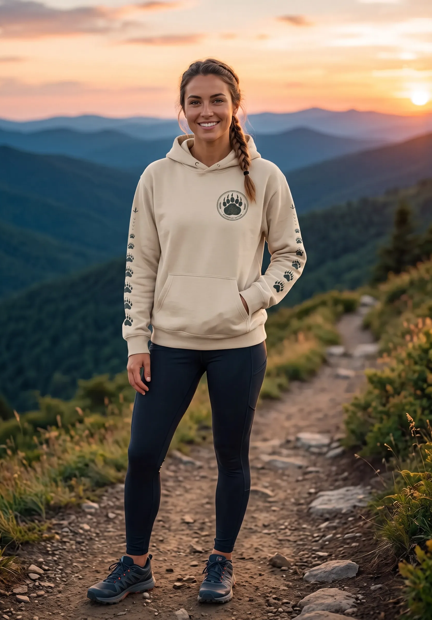 Beige pullover hoodie with hood and paw-print sleeve graphics