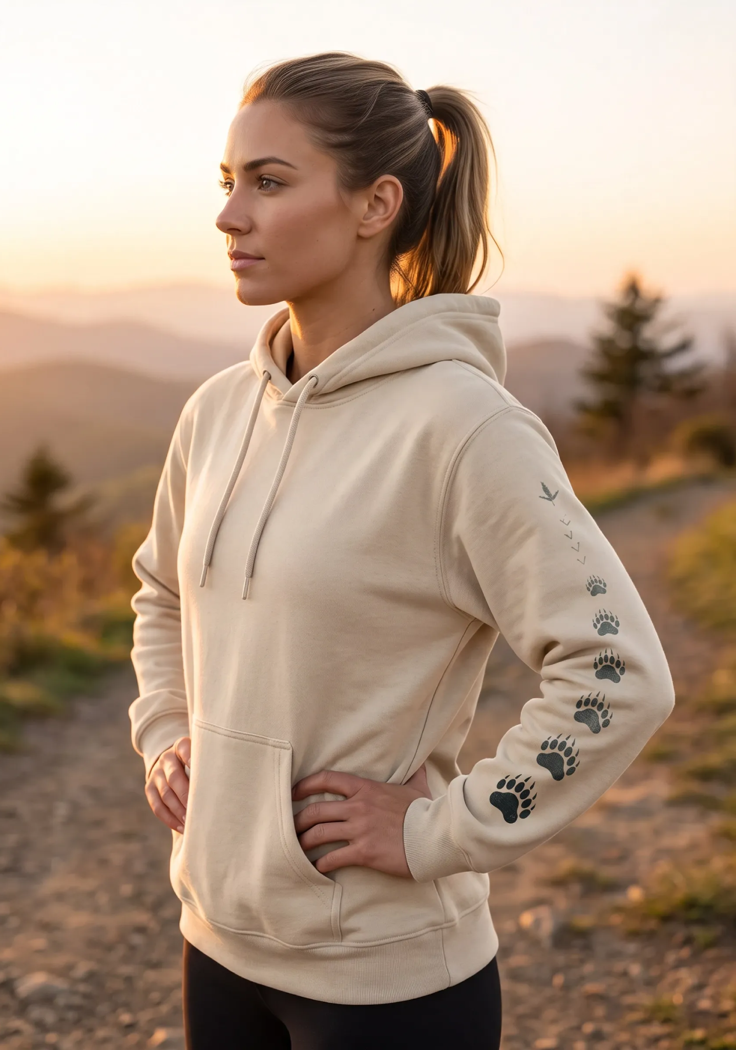Beige pullover hoodie with paw-print graphic on the sleeves and front hood