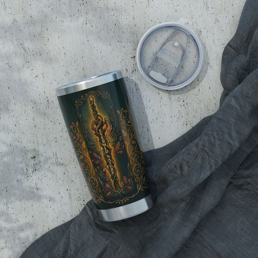 Insulated dark green tumbler with bear artwork and floral frame, clear lid, steel base
