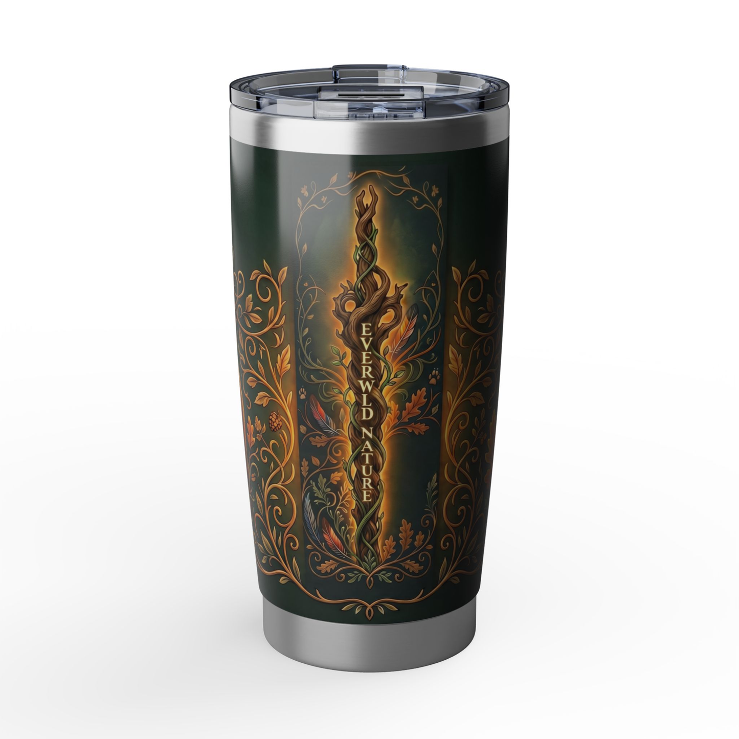 Insulated dark green tumbler with EverWild emblem and ornamental vines, clear lid