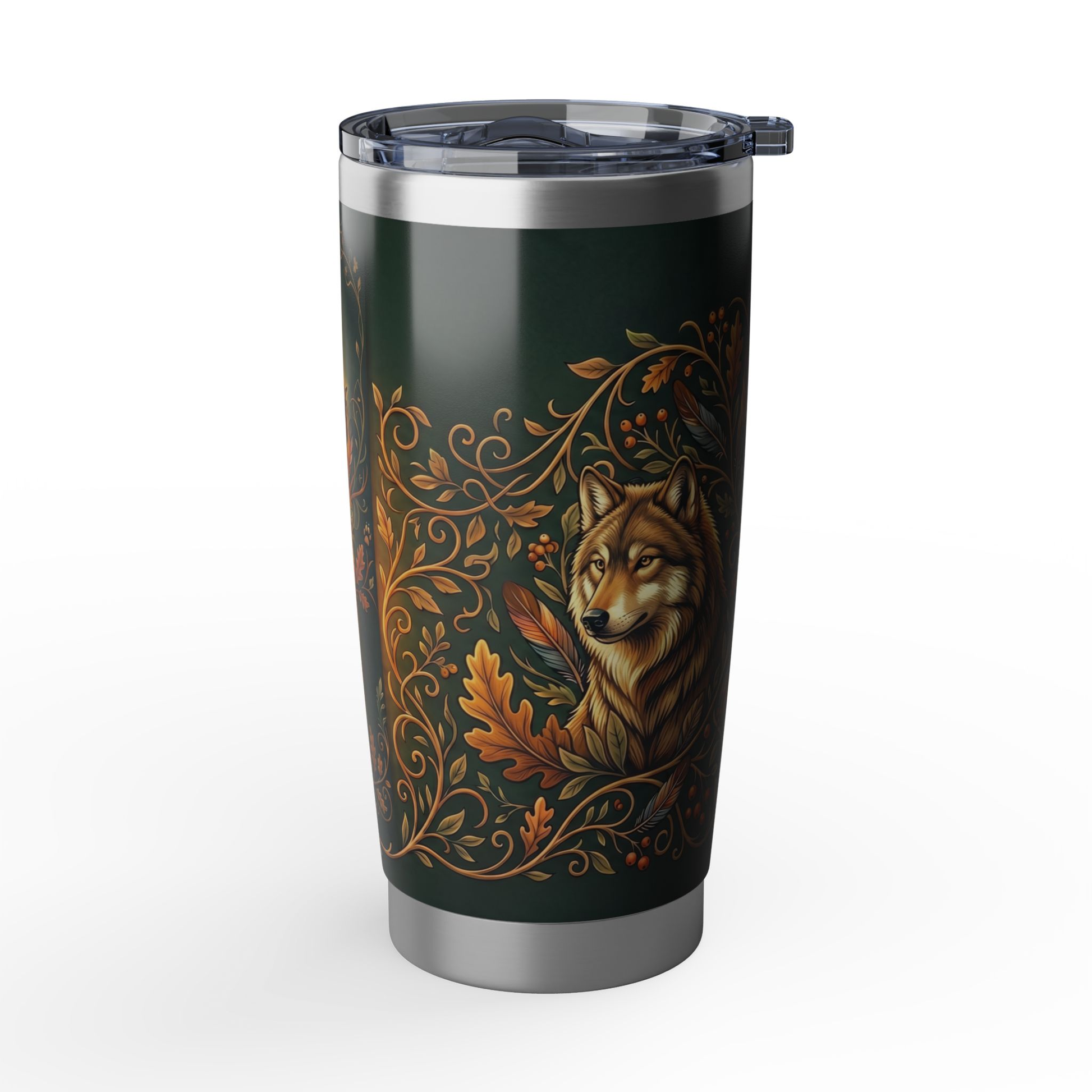 Insulated dark green tumbler with wolf illustration and gold vines, steel base, clear lid