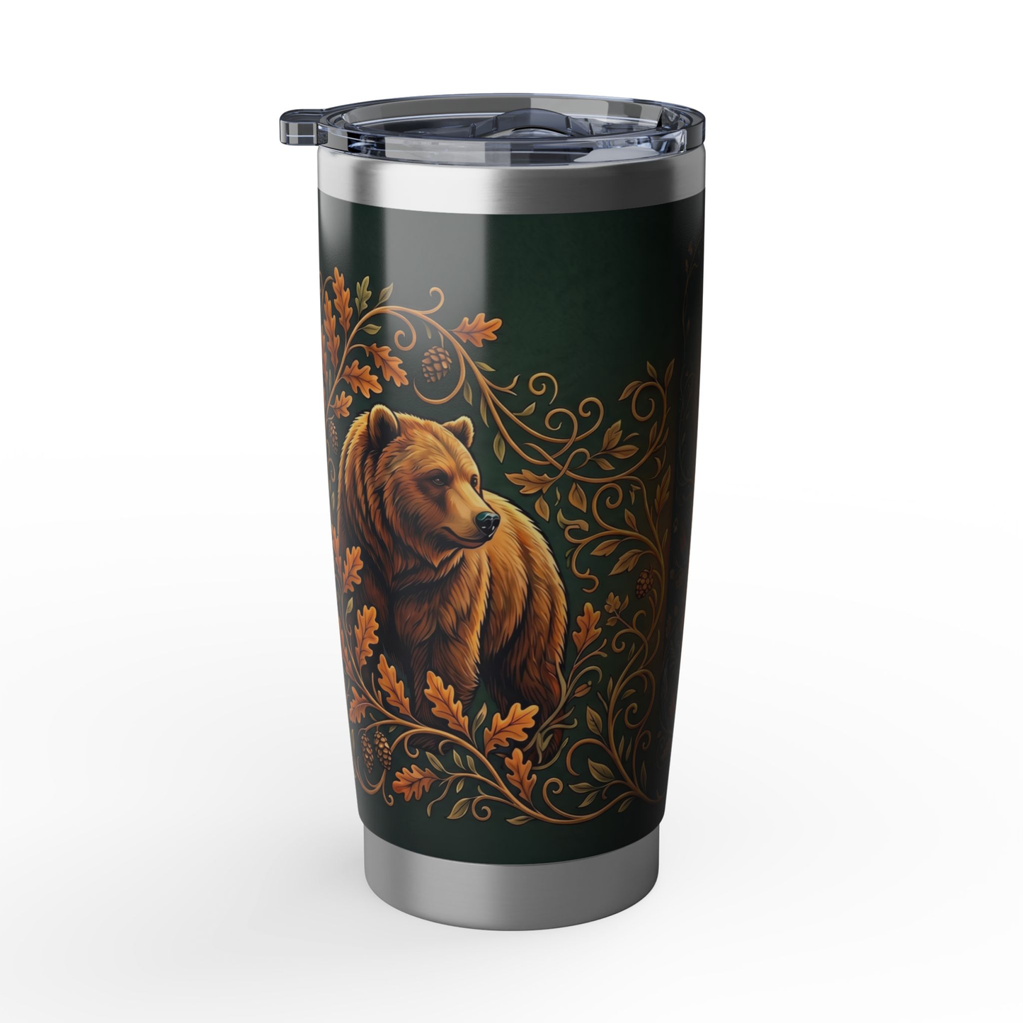 Insulated dark green tumbler with bear illustration and gold vines, steel base, clear lid