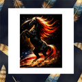 A framed art print featuring a rearing black horse with a flowing fiery mane in orange, red, and yellow against a starry night sky and a faint American flag motif. The print is centered within a wide white mat, set against a dark navy background decorated with large gold-toned feathers.