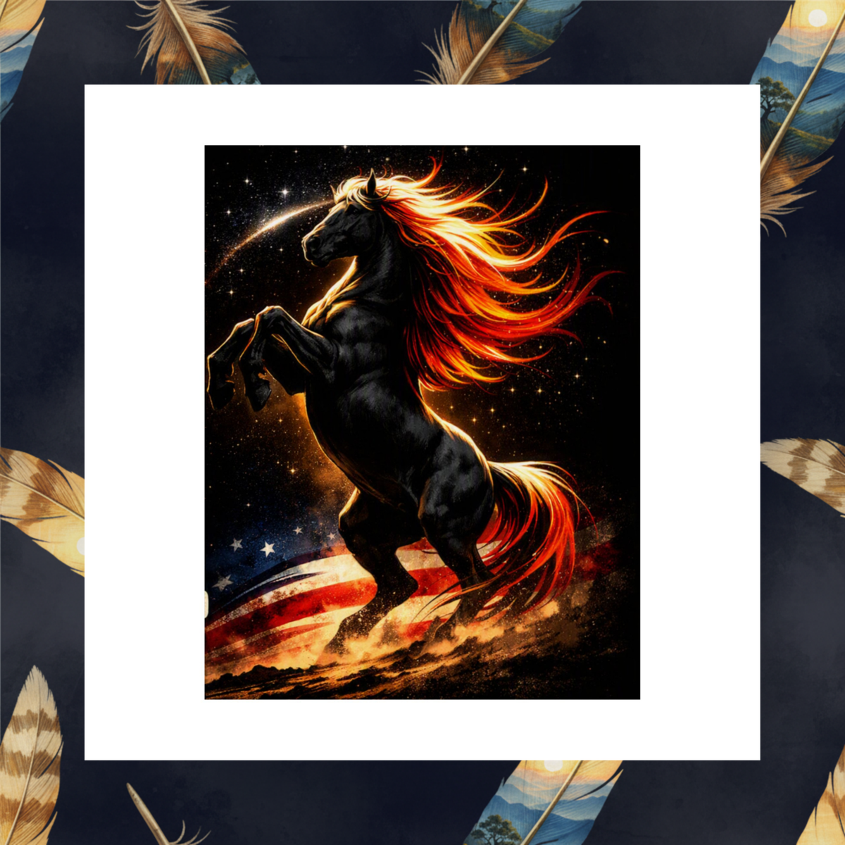 A framed art print featuring a rearing black horse with a flowing fiery mane in orange, red, and yellow against a starry night sky and a faint American flag motif. The print is centered within a wide white mat, set against a dark navy background decorated with large gold-toned feathers.