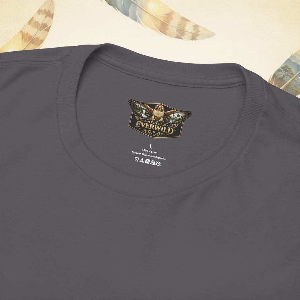 Close-up of a dark gray crewneck t-shirt showing the inner neck label with the American EverWild brand logo.