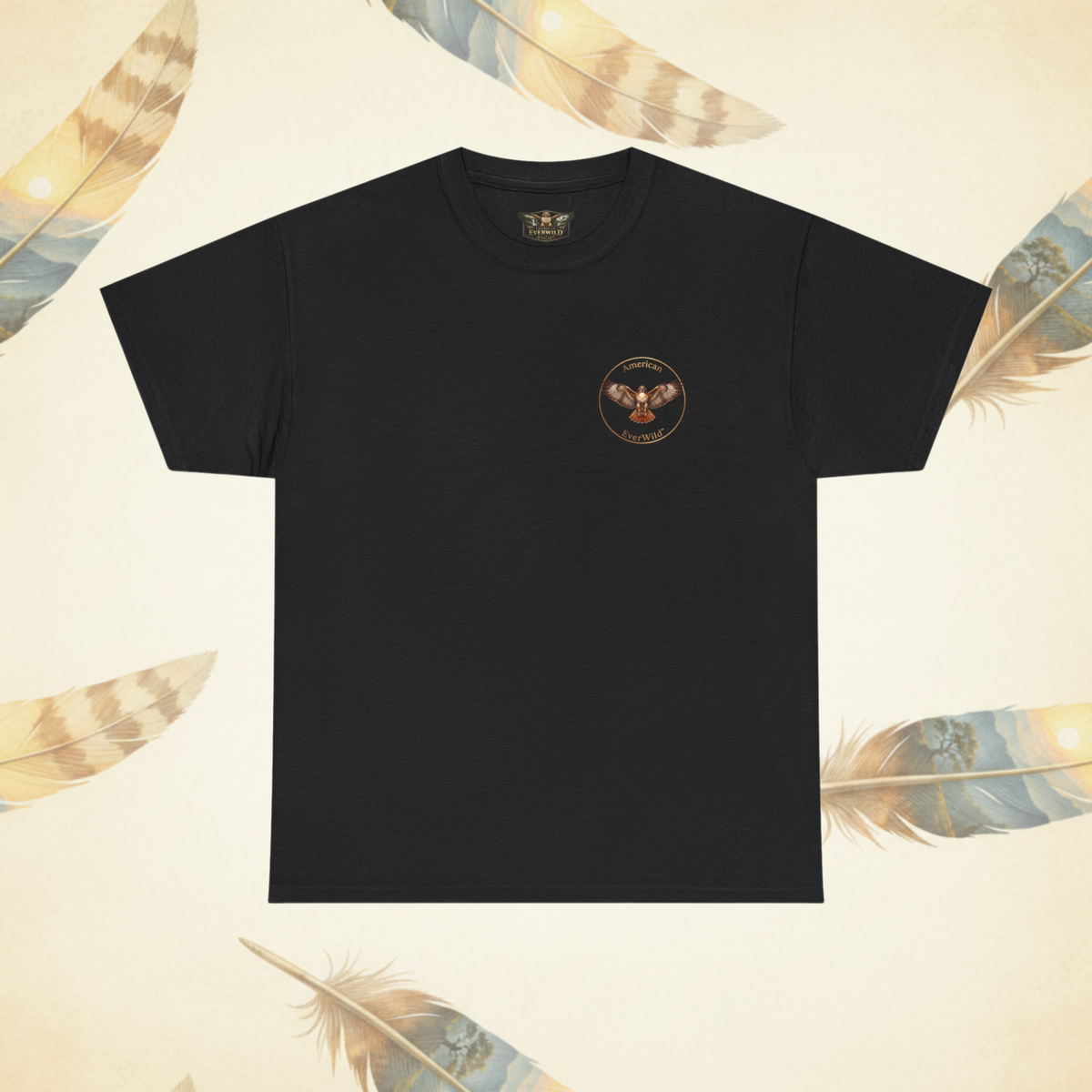 A black short-sleeve crewneck t-shirt with a small circular logo on the left chest with a hawk and American EverWild, displayed flat against a cream-colored background decorated with stylized feathers.