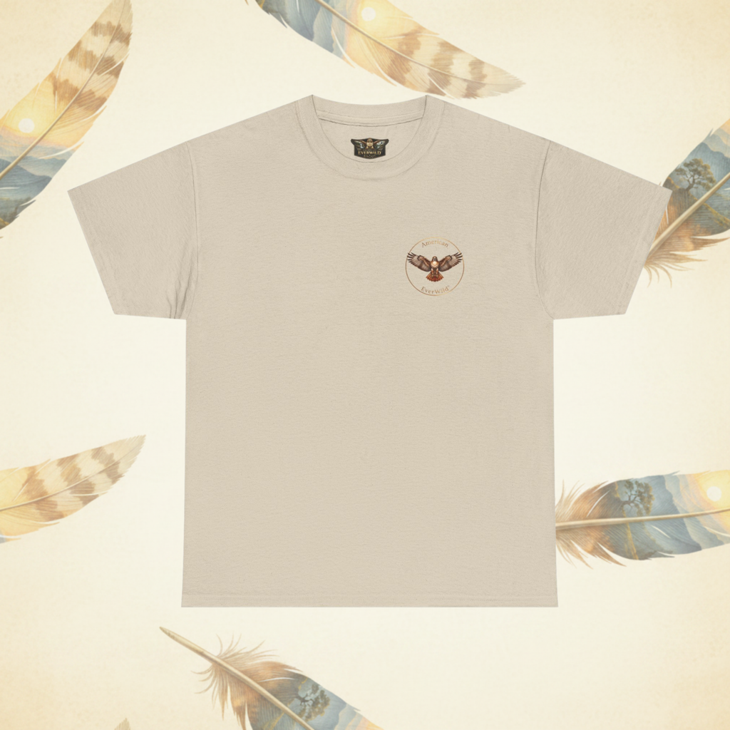 Asand colored crewneck t-shirt with a small circular American EverWild hawk logo on the left chest, displayed on a cream-colored background decorated with feathers.
