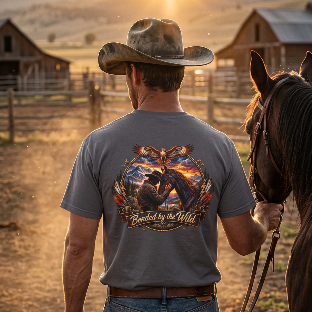 Man stands with his horse wearing a charcoal t-shirt with a man and horse graphic that reads "Bonded bythe Wild" with barns and fences in the background.